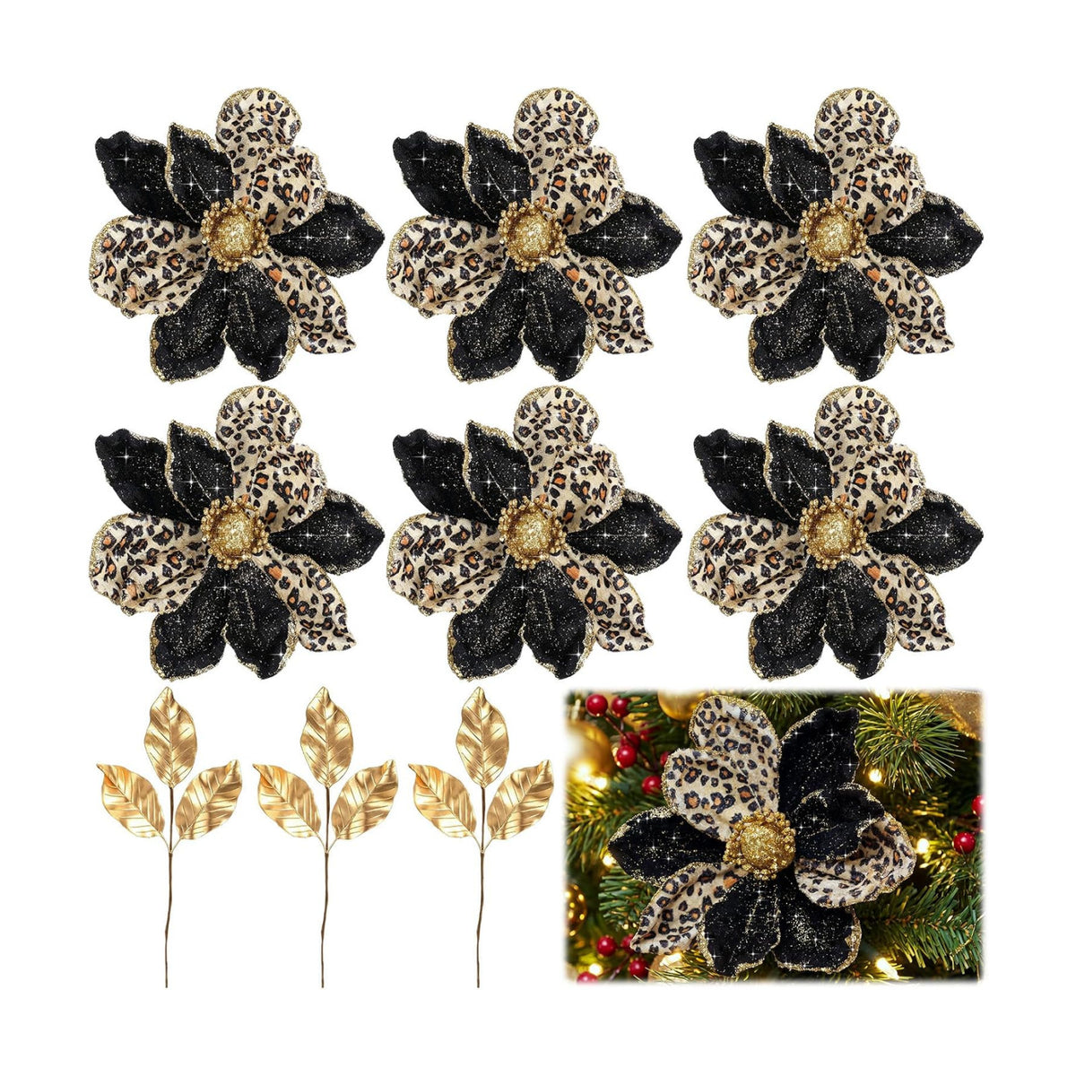 12 Pcs Christmas Magnolia Picks Set Magnolia Flower Leaves, Leopard,Black
