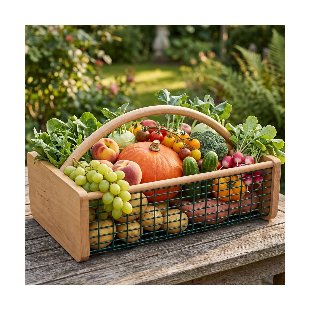 Garden Hod Harvest Basket, Wooden Garden Basket with Metal Mesh Handle | One Trip Harvest，Multipurpose Gardening Basket