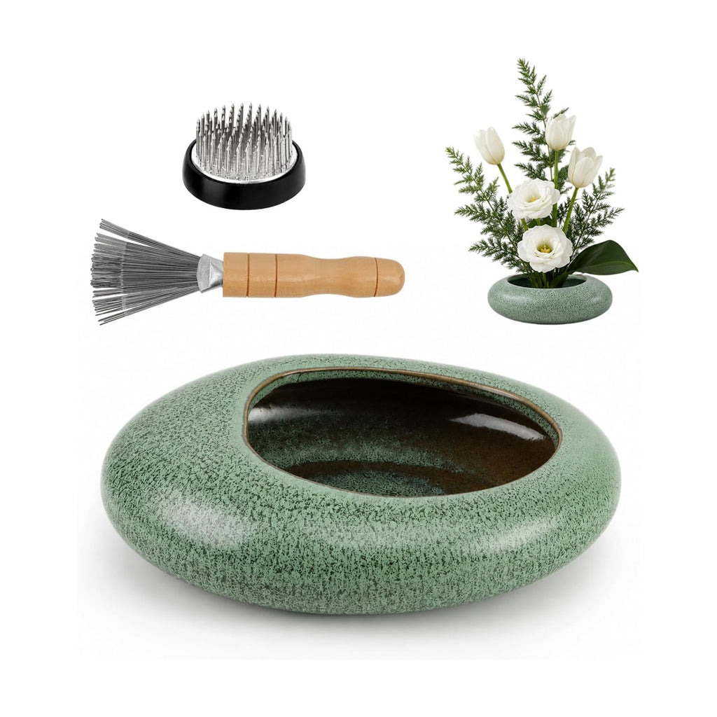 Flower Frog Vase Kit, Ceramic Water Drop Ikebana Pot, Green