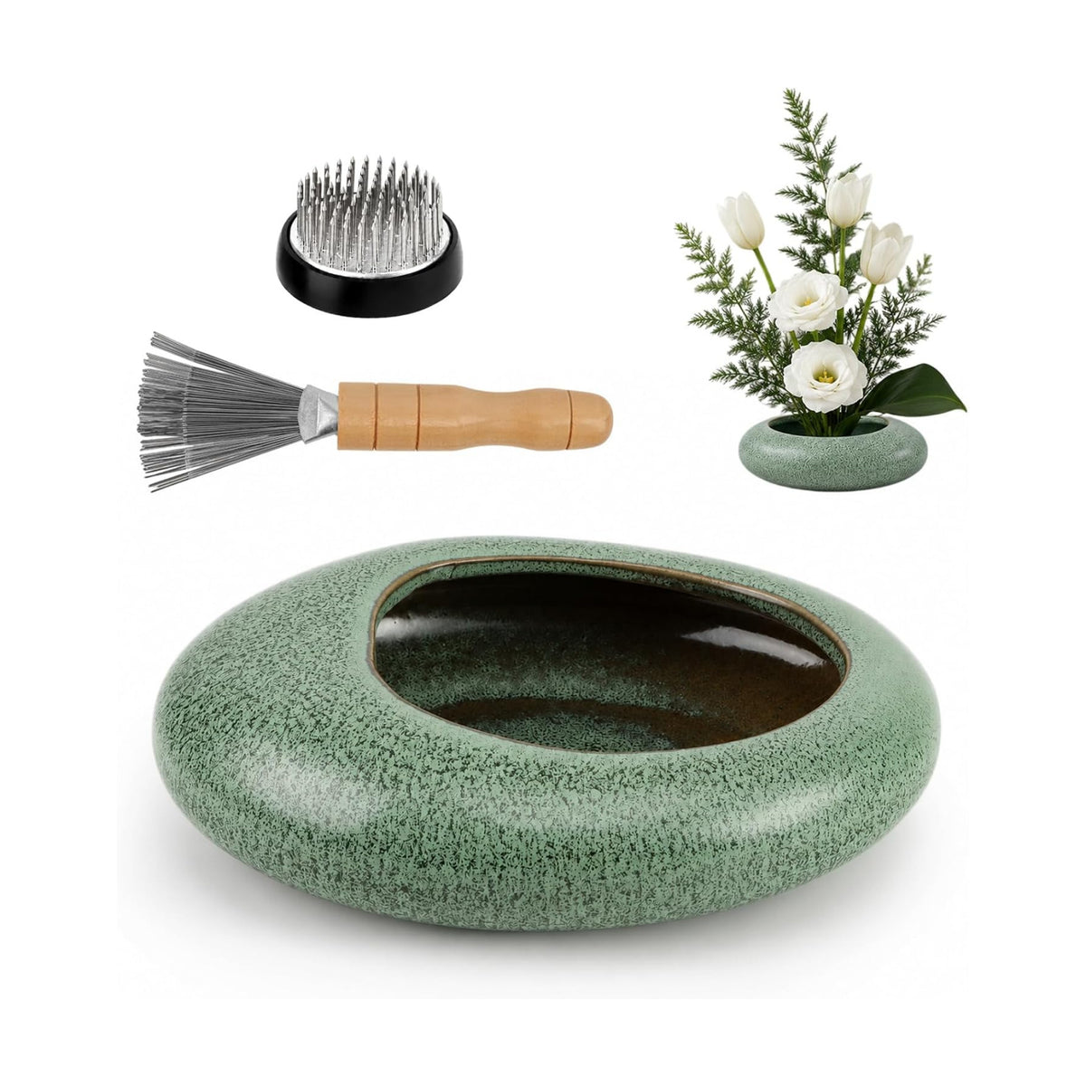 Flower Frog Vase Kit, Ceramic Water Drop Ikebana Pot, Green