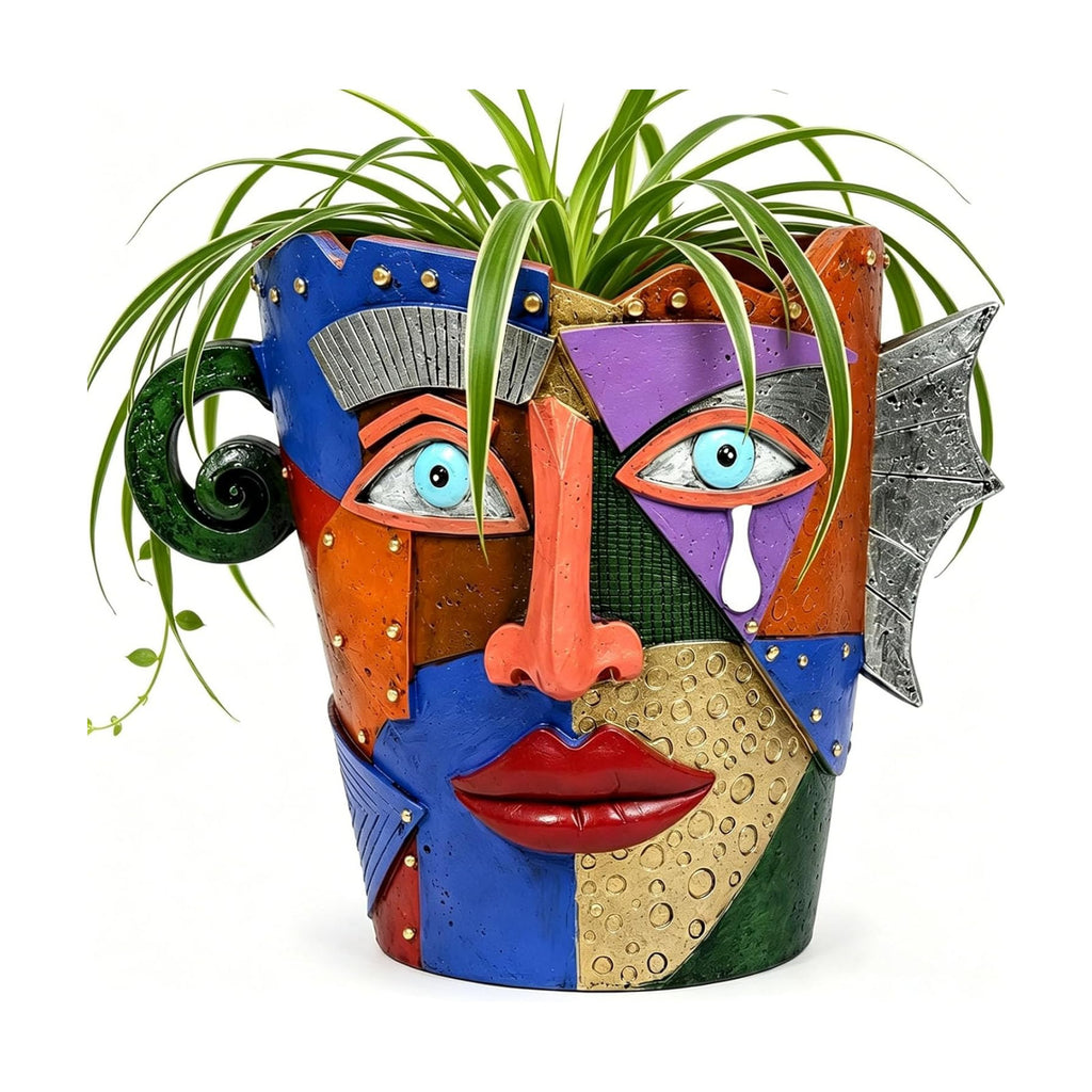 Large Picasso Abstract Face Planter Pot, Colorful Resin, Indoor Outdoor | Head Planter, 10.24 Inch, Drainage Hole, Fits