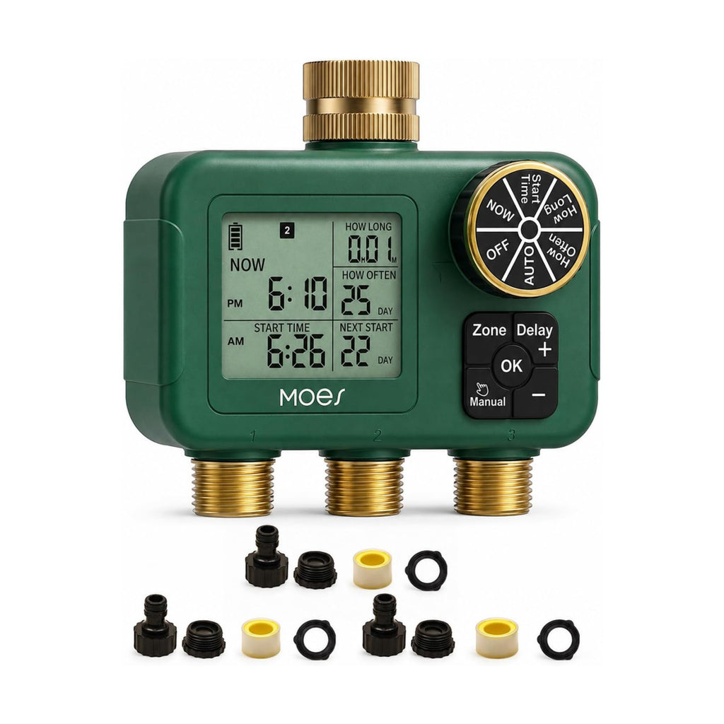 MOES 3-Zone Water Timer for Garden Lawn Hose, Brass 3/4 Inlet & Outlets | Independent Tripe-Outlet Sprinkler Timer