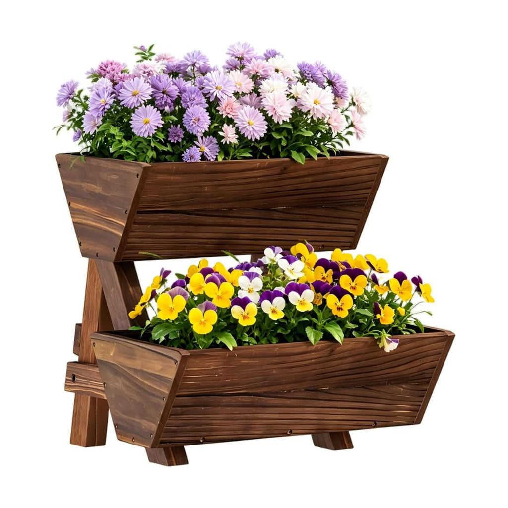 2-Tier Vertical Wooden Raised Garden Bed, Garden Planter Box,Carbonized | Freestanding Wood Flower Rack, Planter Box
