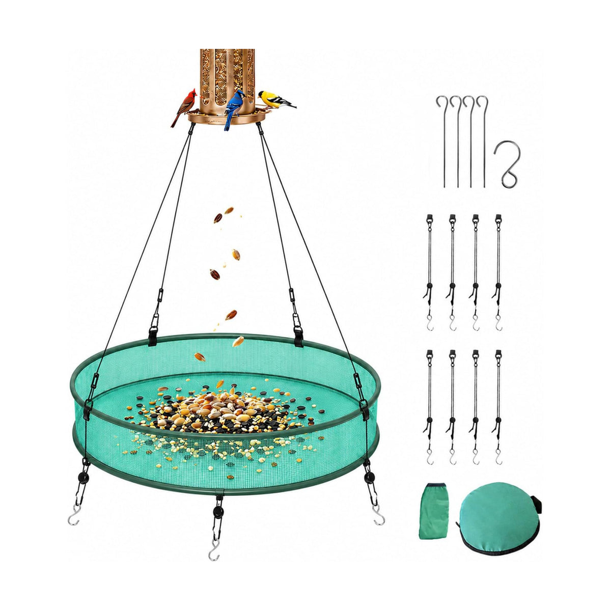 Bird Seed Catcher Tray for Outdoor Hanging Feeders, 21" Upgraded Anti-Flip Feeder Tray with 4" Deep Windproof Platform, Stable Design to Catch Dropped Seeds, Fits Most Bird Feeders(Green)