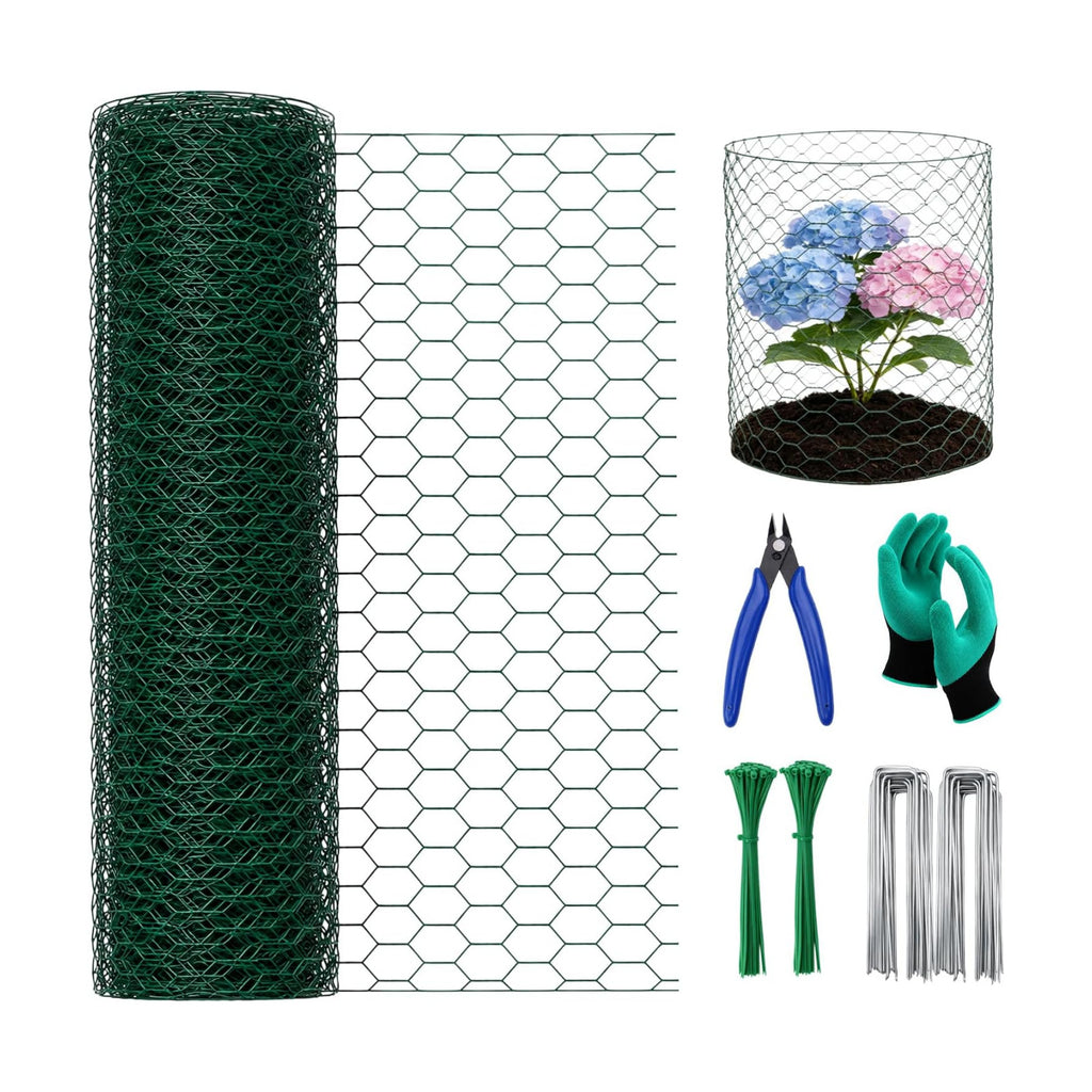 16in x 33ft PVC Coated Chicken Wire Mesh Fence | Garden Fencing Netting & Plant Protectors from Animals Kit with 100