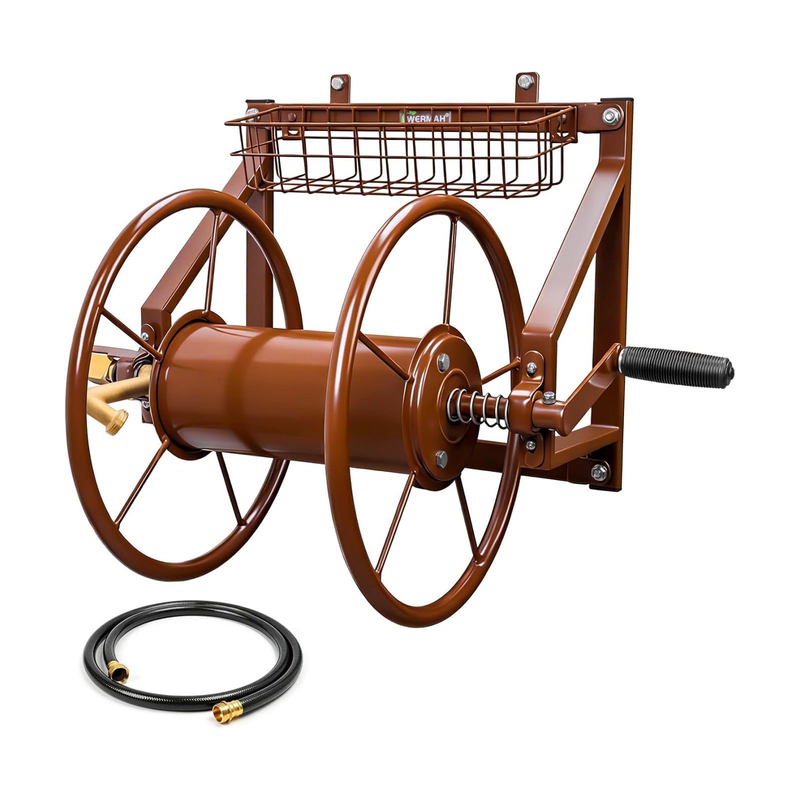 Wall Mount Garden Hose Reel, Heavy Duty Metal Holds 155ft 5/8" Hose | Solid Brass Fittings, No Leaks, Rust-resistant.