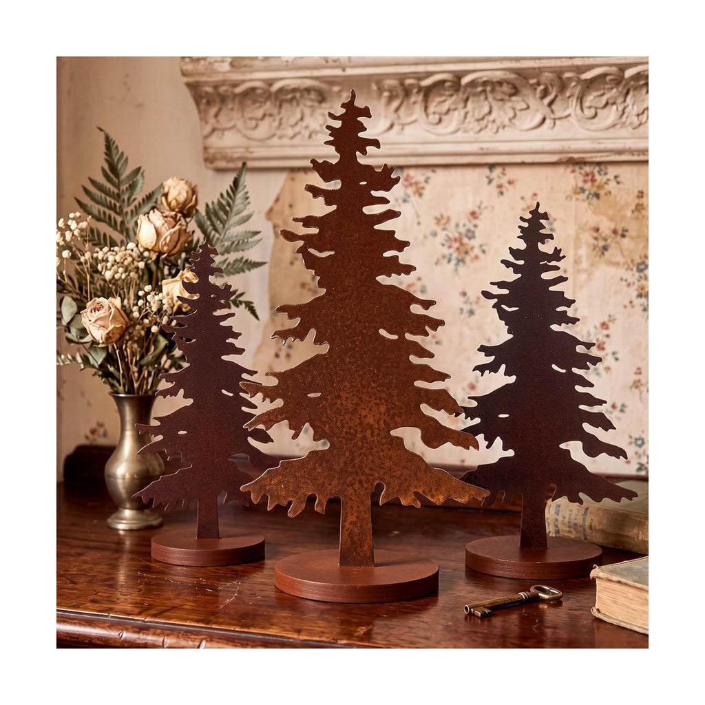 Shimeyao 3 Pcs Metal Pine Tree Decor, Rusty Christmas Decor with Wood Base