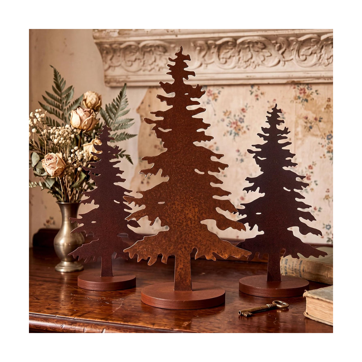 Shimeyao 3 Pcs Metal Pine Tree Decor, Rusty Christmas Decor with Wood Base