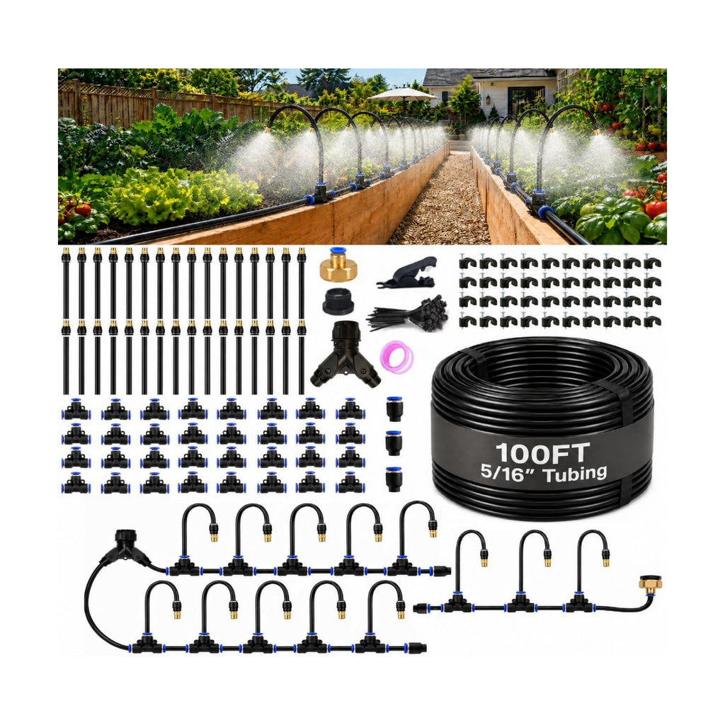 100FT 5/16" Garden Watering Kit with 32 Brass Nozzles & Y Splitter | 32 brass nozzles, 5/16" tubing, brass faucet