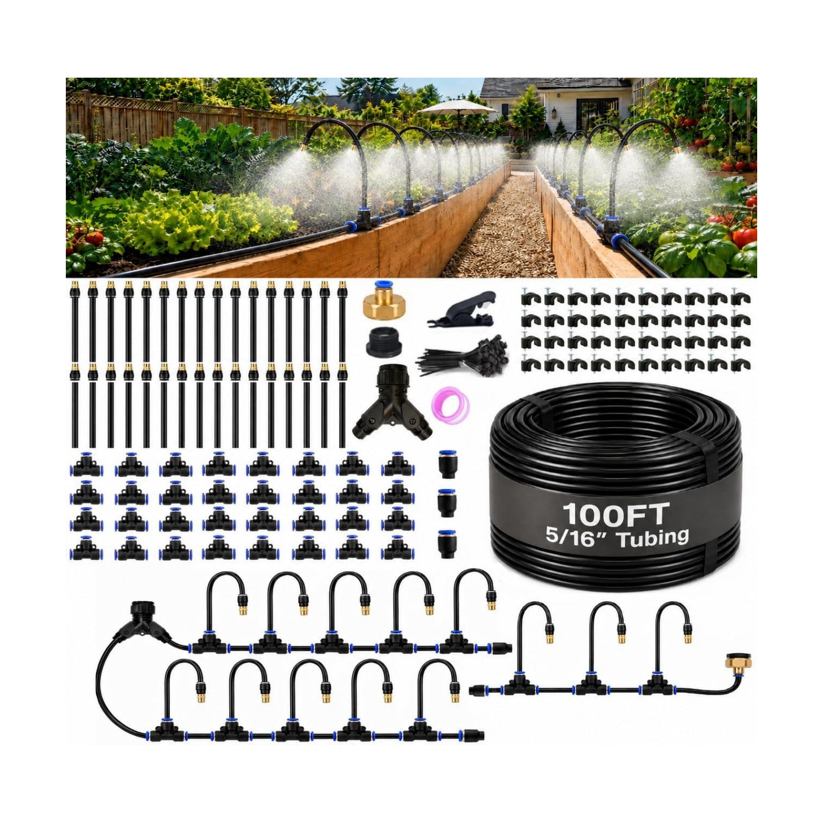 100FT 5/16" Garden Watering Kit with 32 Brass Nozzles & Y Splitter | 32 brass nozzles, 5/16" tubing, brass faucet