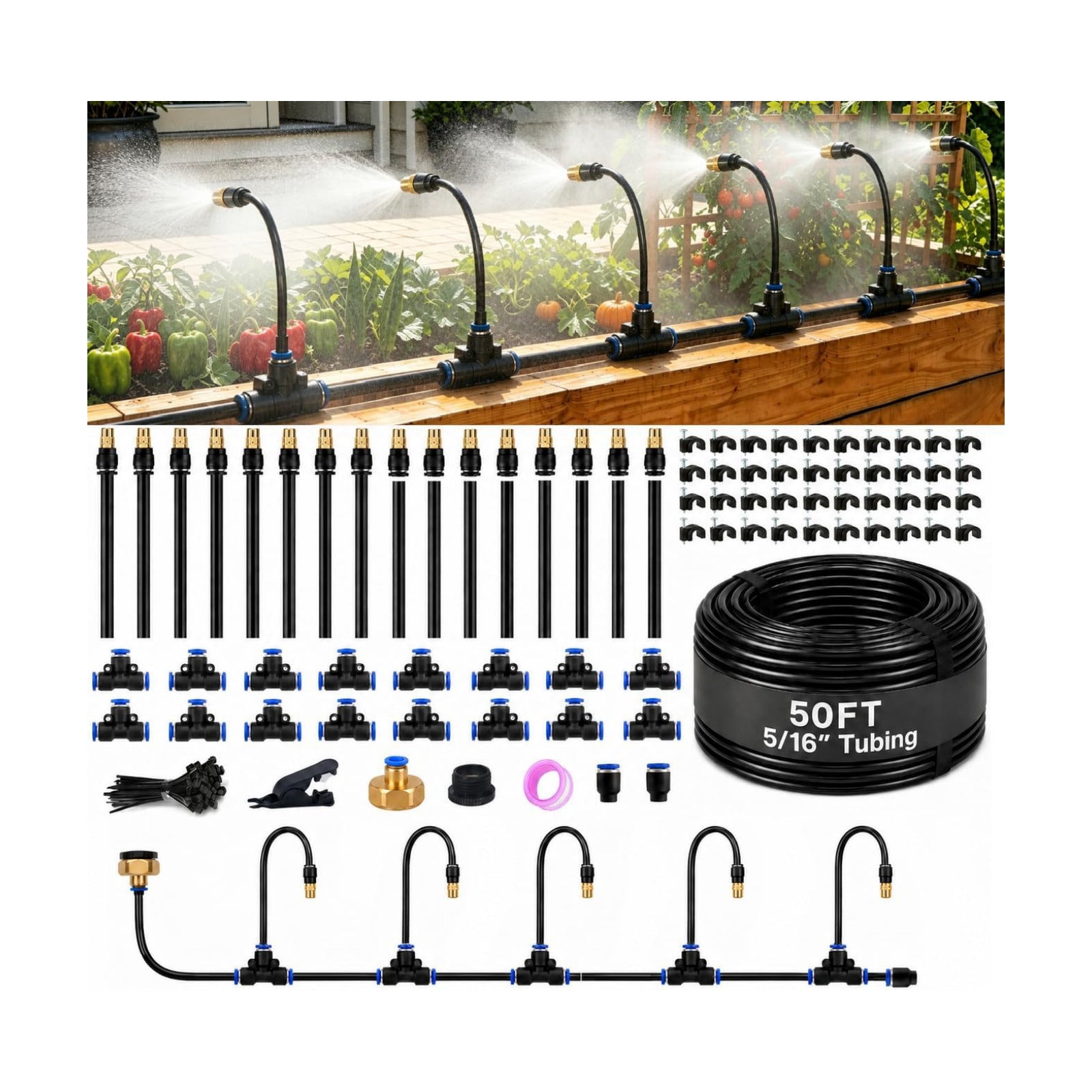 50FT 5/16" Garden Watering Kit with 16 Brass Nozzles | 16 brass nozzles, 5/16" tubing, brass faucet adapter