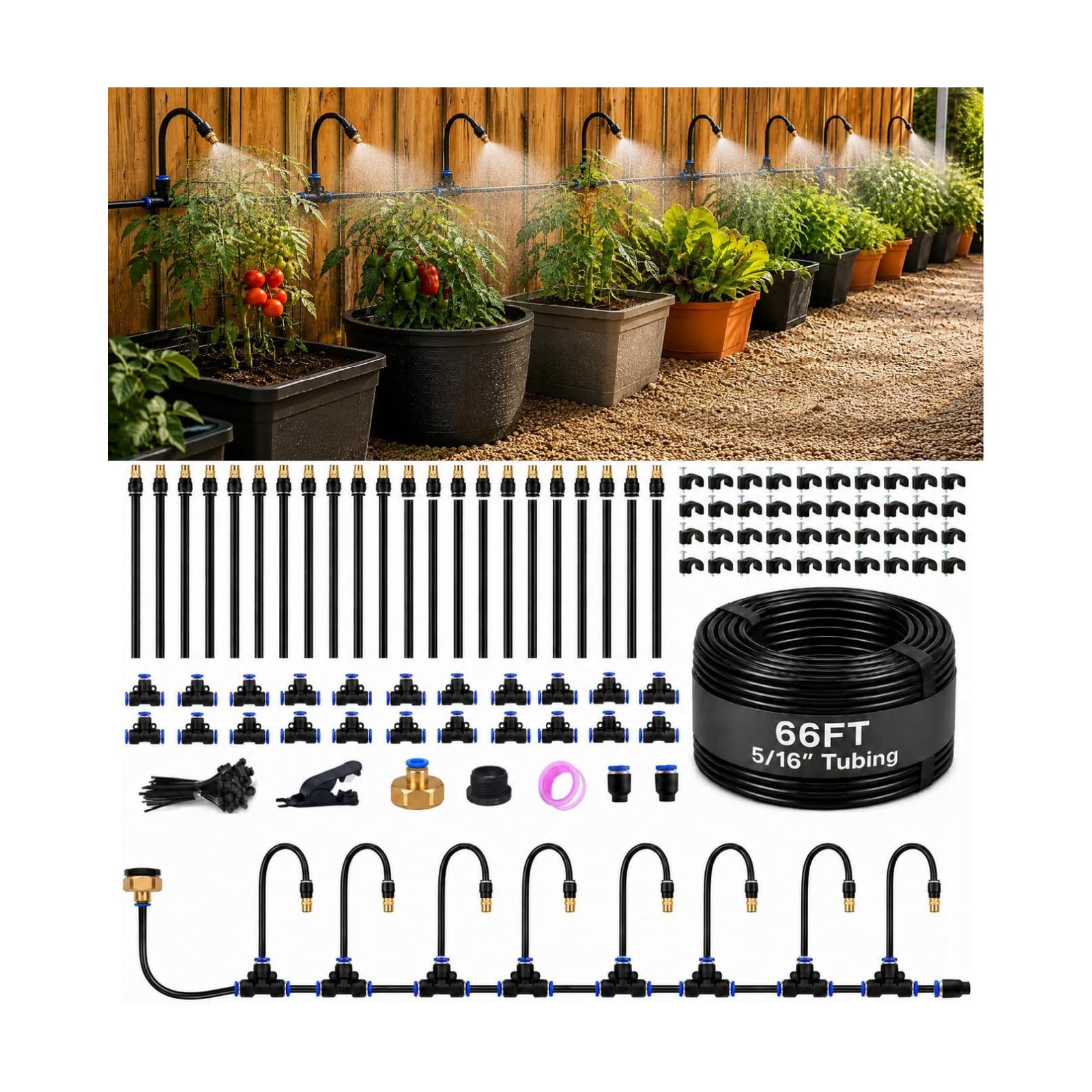 66FT 5/16" Garden Watering Kit with 22 Brass Nozzles | 22 brass nozzles, 5/16" tubing, brass faucet adapter