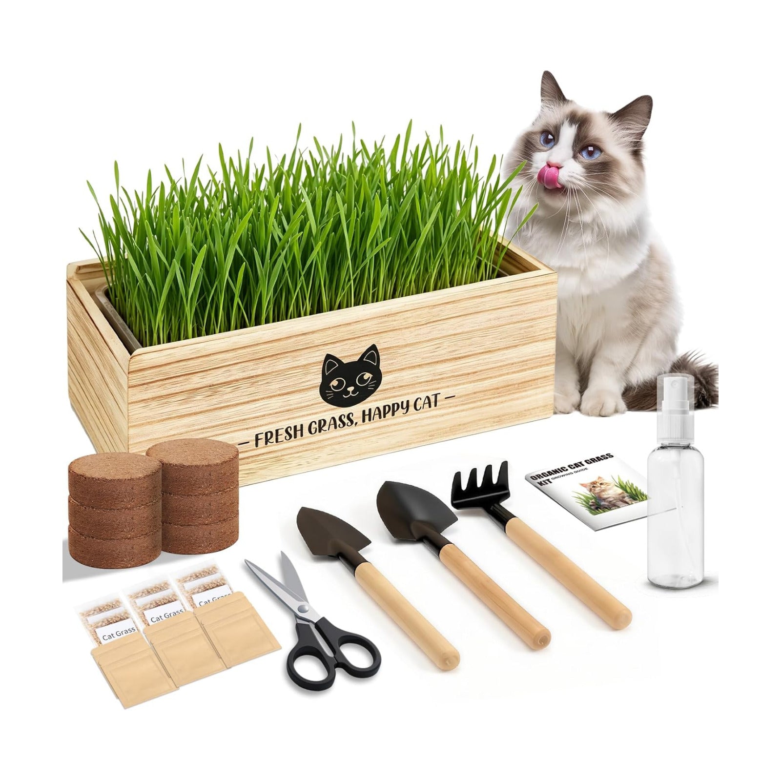 Cat Grass Kit for Indoor Cats Non-GMO Wheatgrass Seeds Growing Set | Wooden Planter with Liner, x6 Seed Packs & Coconut