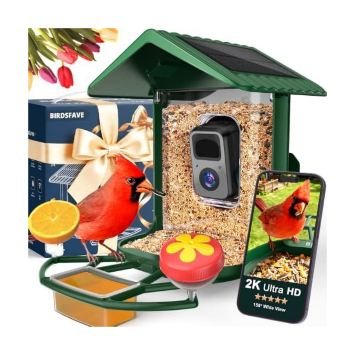 Smart Bird Feeder with Camera Solar Powered 2K Video AI Identify 32GB Card