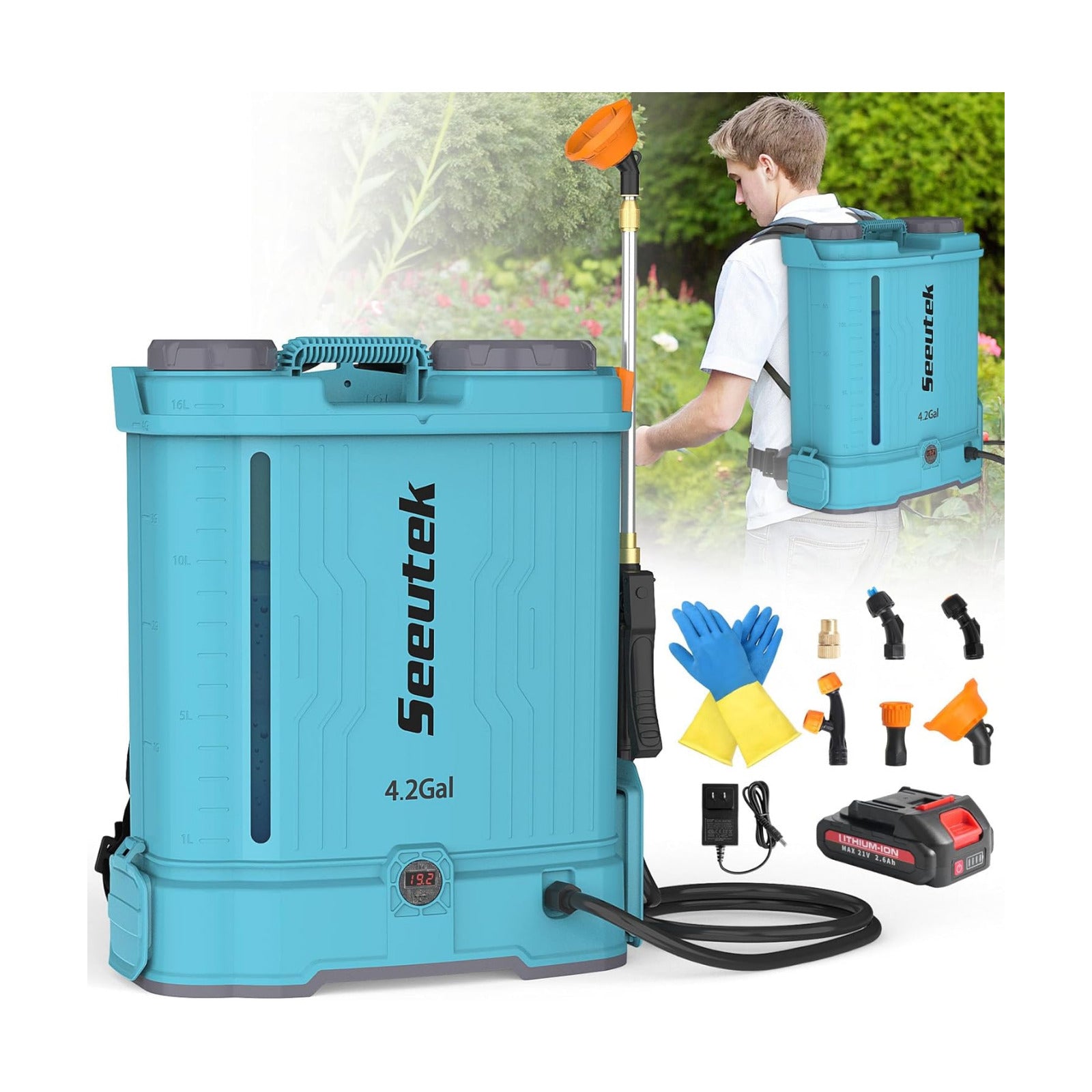SEEUTEK 4.2 Gallon Battery Powered Backpack Sprayer,Electric Garden Sprayer | 0-100 PSI, Mix Function, Telescopic Wand