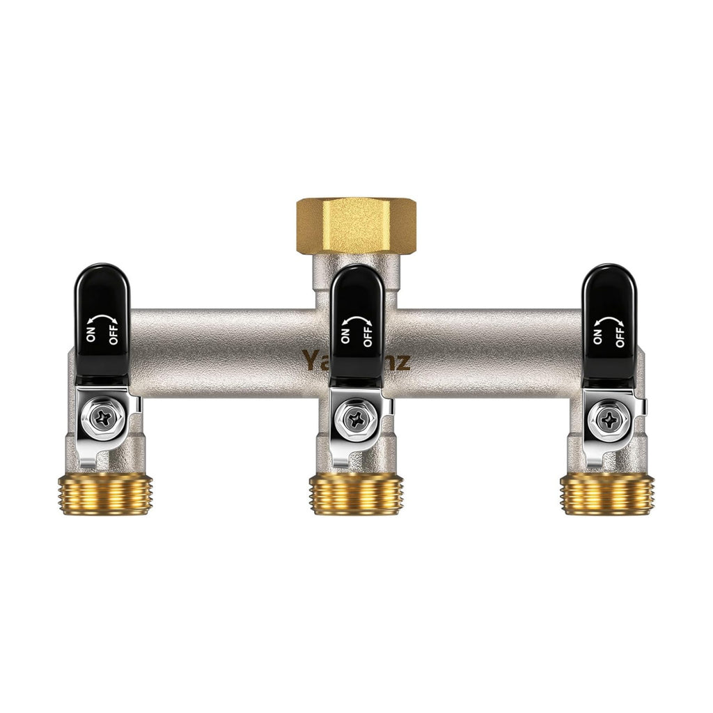 3 Way Garden Hose Splitter, 3/4" GHT Outdoor Faucet Splitter | Heavy-duty Solid Brass Body, Wide Spacing Fits Large