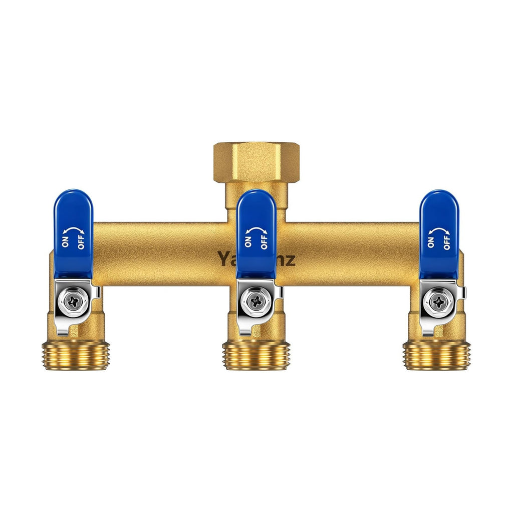3 Way Garden Hose Splitter, 3/4" GHT Brass Hose Splitter | Wide Spacing Fits Large Timers, 90° Downward Outlets, 3/4"