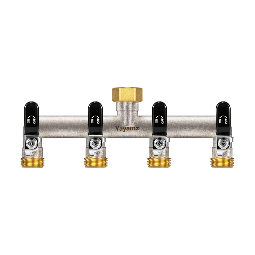 4 Way Garden Hose Splitter, 3/4" GHT Outdoor Faucet Splitter | Heavy-duty Solid Brass Body, Wide Spacing Fits Large