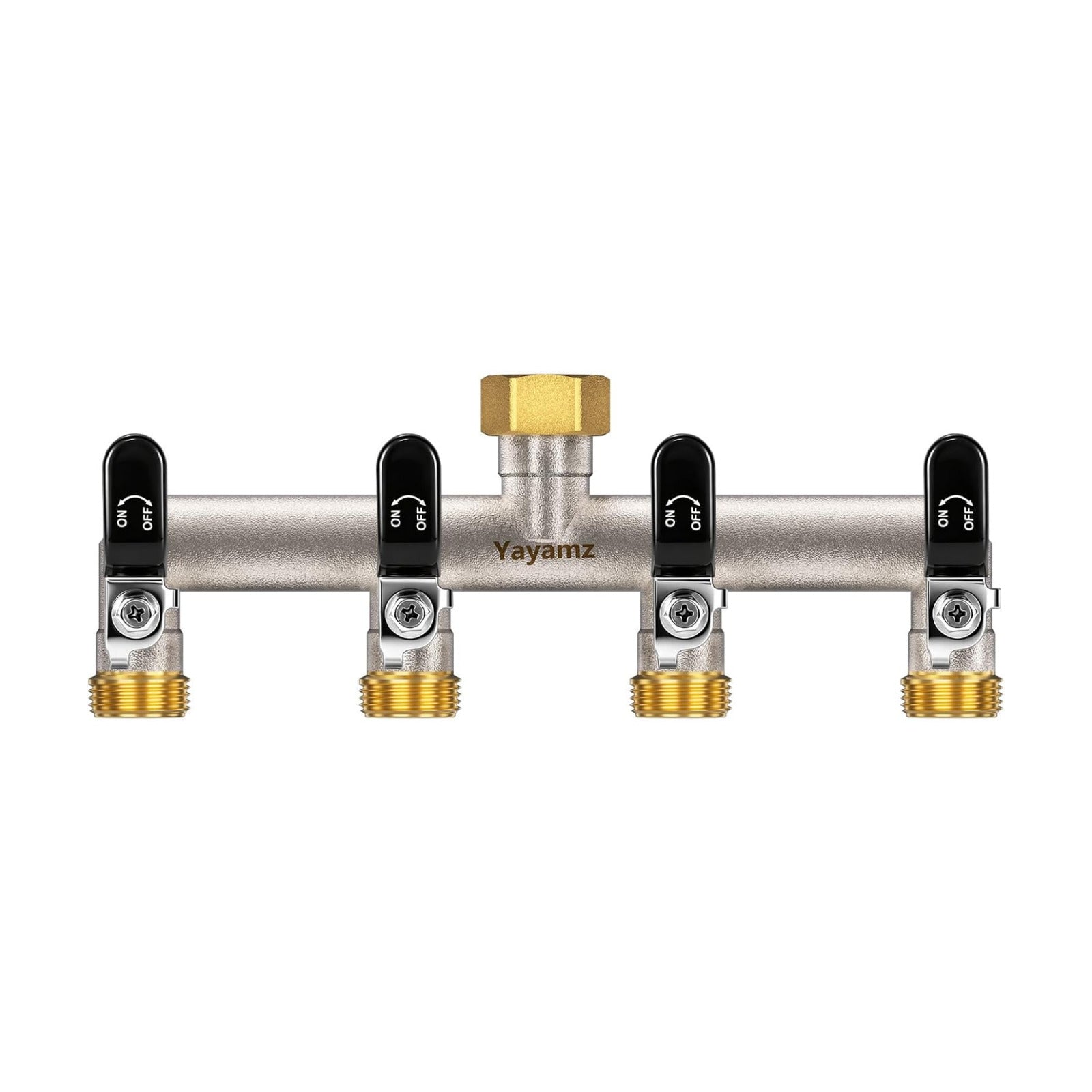4 Way Garden Hose Splitter, 3/4" GHT Outdoor Faucet Splitter | Heavy-duty Solid Brass Body, Wide Spacing Fits Large