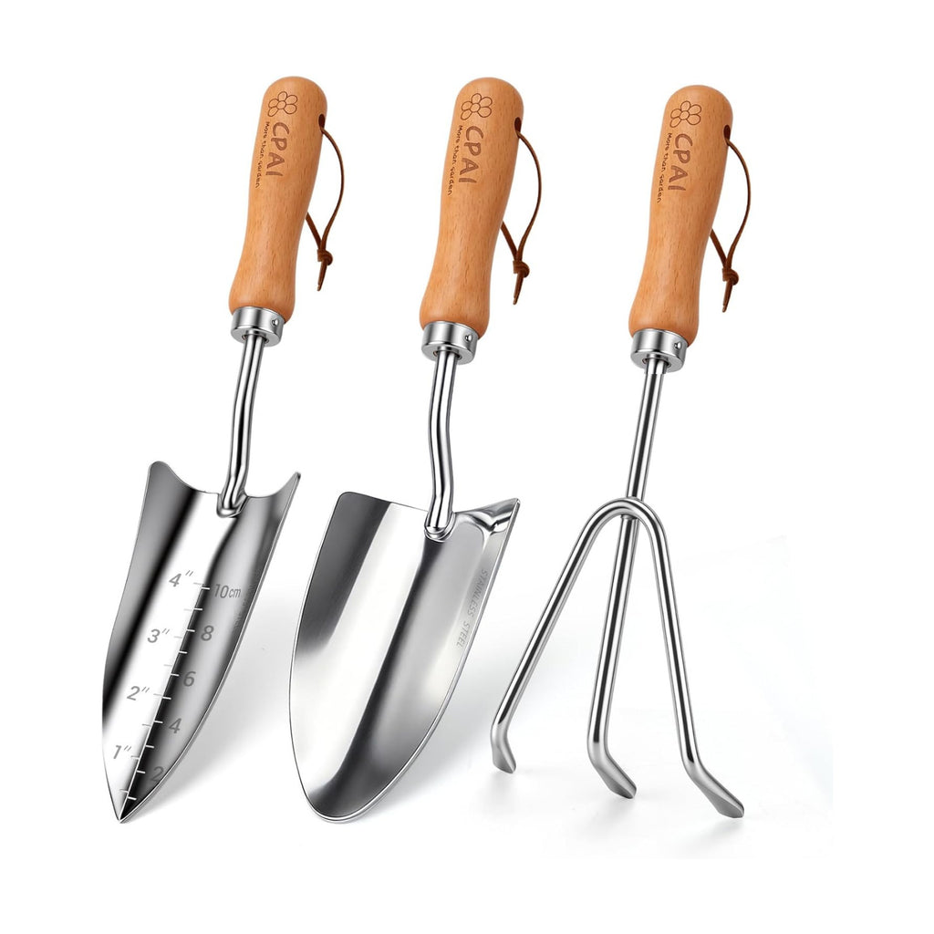 3-Piece Garden Tool Set, Stainless Steel Garden Trowel, Measurement Trowel and Hand Rake with Smooth Wooden Handles for