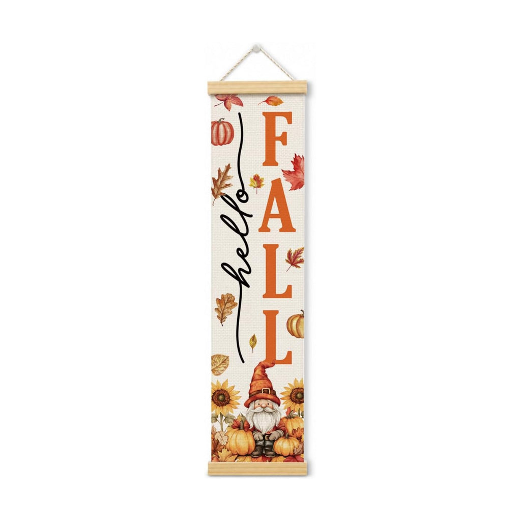 Fall Door Decor Banner, Hello Fall Gnome Pumpkin Sign for Front Porch