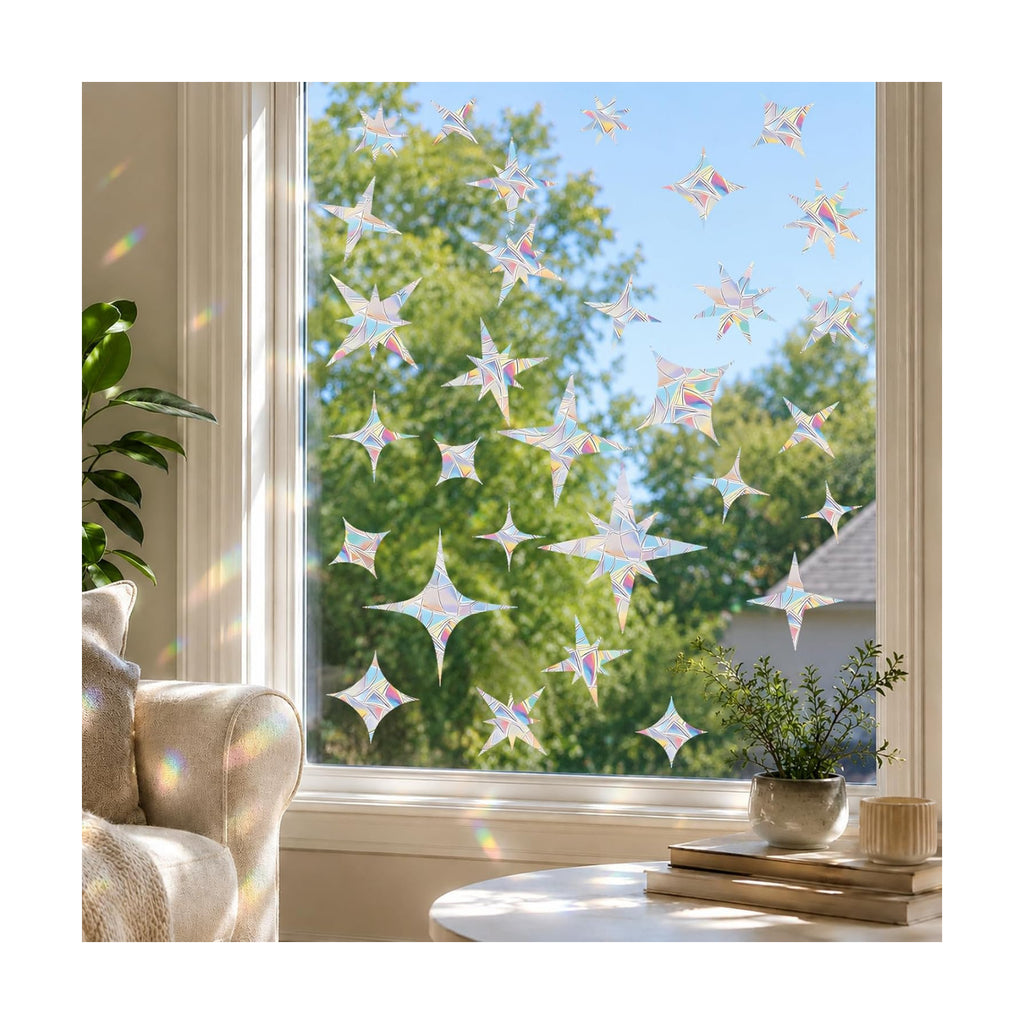 60 Pcs Star Window Decals to Prevent Bird Strikes - Anti-Collision Window Stickers for Birds, Rainbow Vinyl Suncatcher Stickers, Reusable Static Clings for Bird Window Deterrent, No Glue Needed