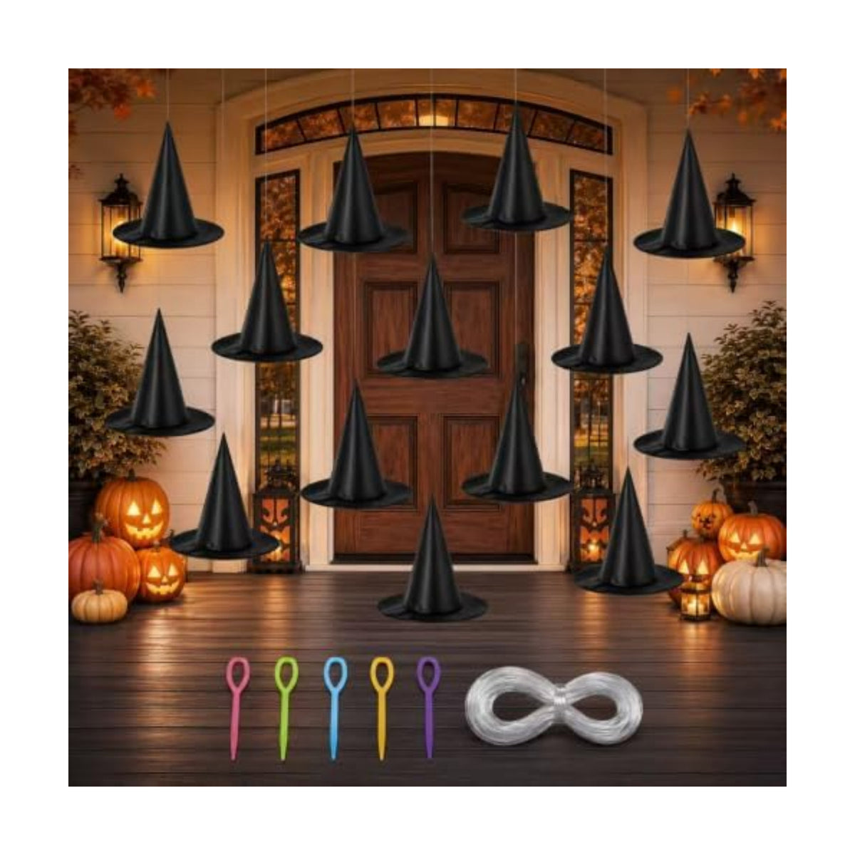 13PC Hanging Witch Hats, Indoor Outdoor Porch Halloween Decor