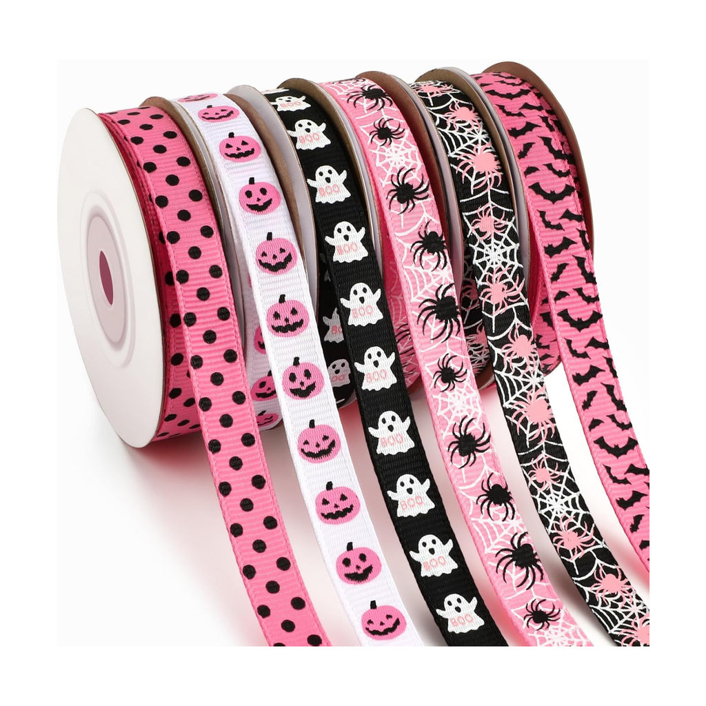 DECYOOL Pink Halloween Ribbon, 6 Rolls 60 Yards Spooky Grosgrain Ribbons