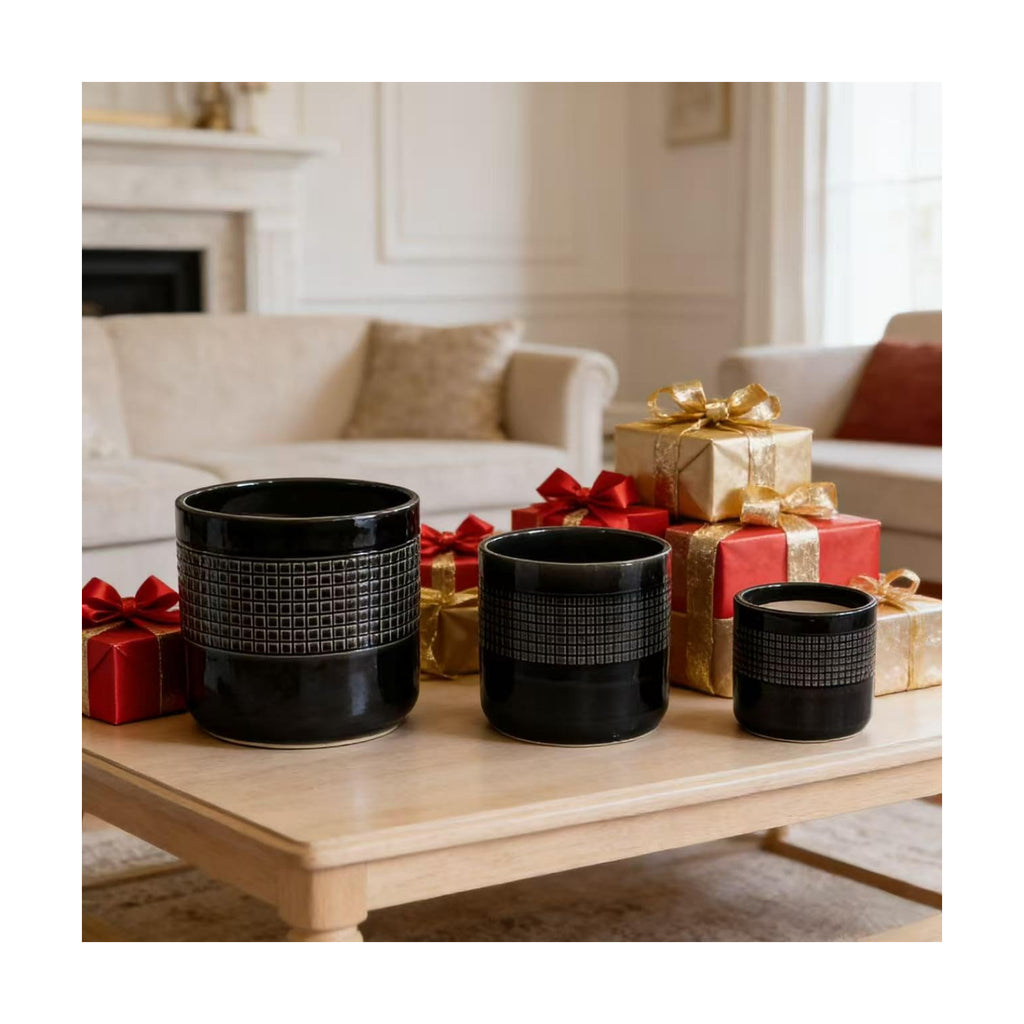 Ceramic Planter Set of 3, Graduated Size Indoor Flower Pots with Artisan Texture, Breathable Clay Plant Pots for