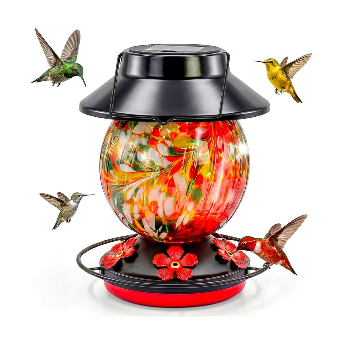 Solar Hummingbird Feeder for Outdoors 24oz Solar Powered Hummingbird Feeder Hand Blown Glass 7 Color Changing for Outdoors Garden Hanging Water-Proof Leak Proof Wild Bird Feeders Gifts for Women Mom