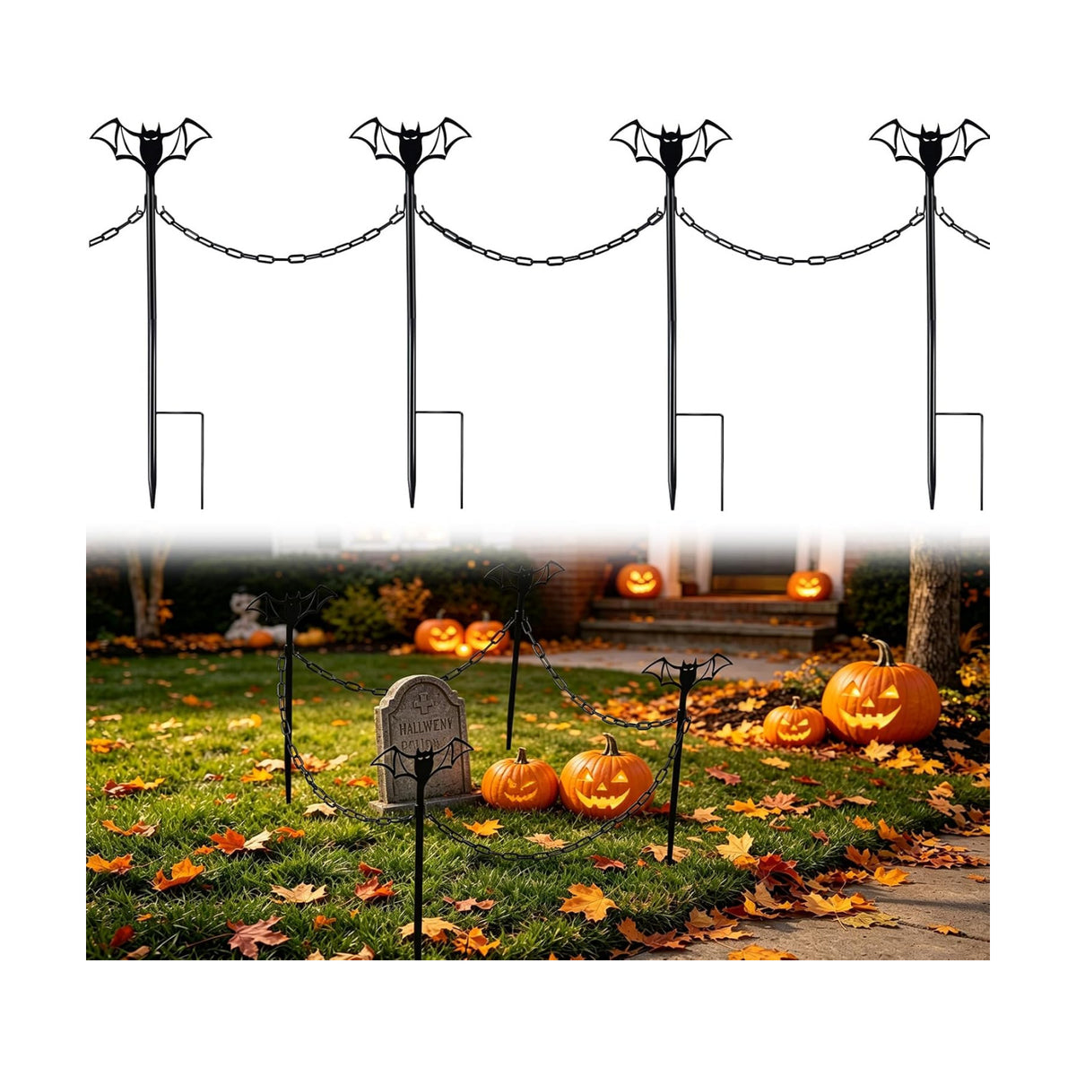 4 Sets Metal Halloween Fence for Outdoor Garden, 23.6in Halloween Graveyard Fences Bat Garden Fence with Connecting Chains Weatherproof Spooky Cemetery Decor for Outdoor Graveyard Pathway Party Scene