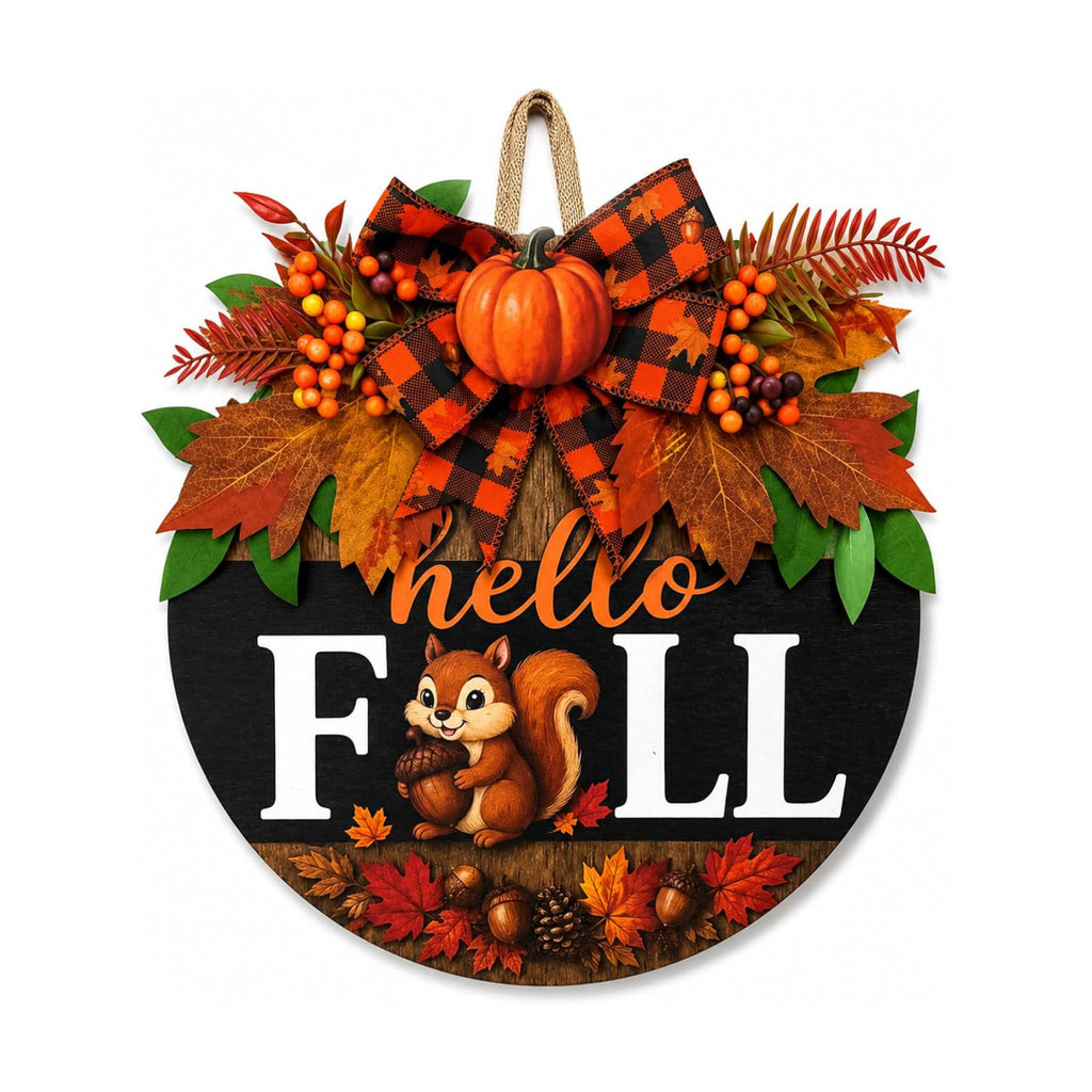 Fall Wreaths for Front Door Hello Fall Squirrel Door Hanger Thanksgiving Decor (Cute Hello Fall)