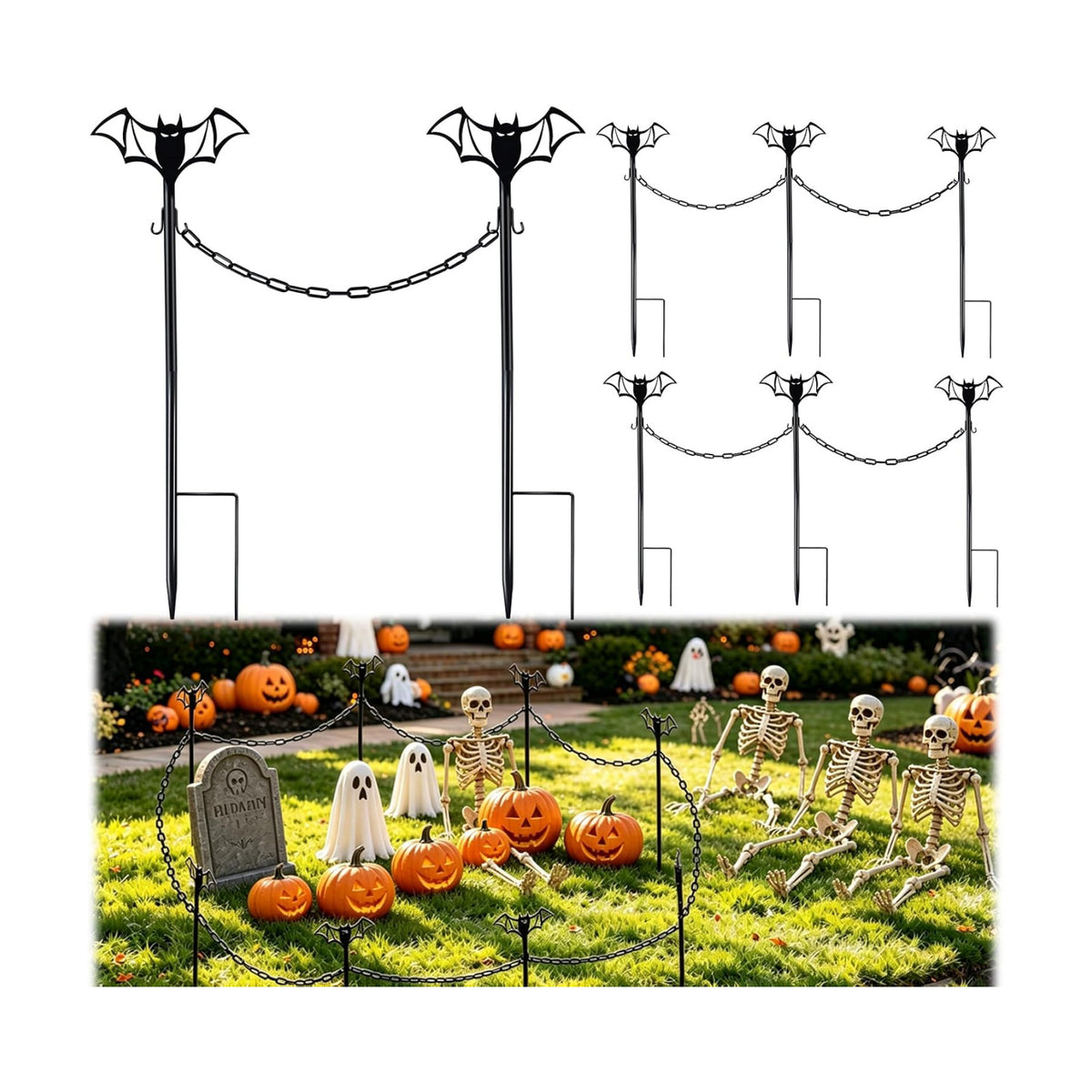 8 Sets Metal Halloween Fence for Outdoor Garden, 23.6in Halloween Graveyard Fences Bat Garden Fence with Connecting Chains Weatherproof Spooky Cemetery Decor for Outdoor Graveyard Pathway Party Scene