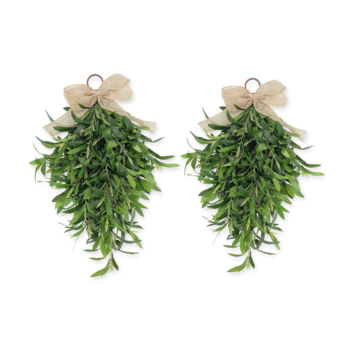 2 Pack 22 Inch Olive Branch Swag for Front Door, Artificial Teardrop Wreaths with Burlap Bow, Faux Greenery Front Door Swag for Spring Summer Farmhouse Covered Porch Wall