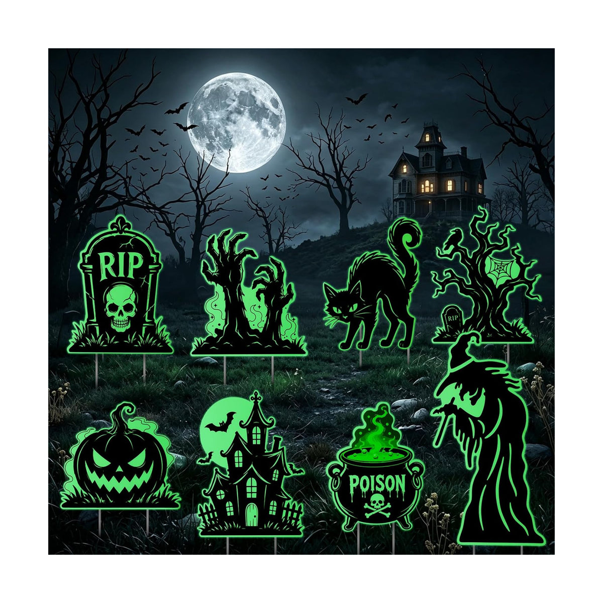8pcs Glow Halloween Yard Signs with Stakes, Outdoor Halloween Decor