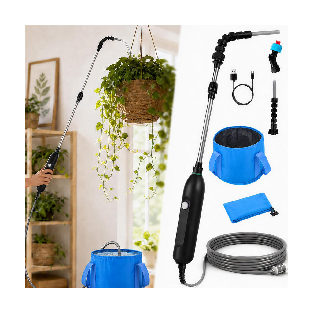 Electric High Reach Plant Waterer with Foldable Bucket, Telescoping Wand | Foldable Bucket, Long Intake Hose - Portable