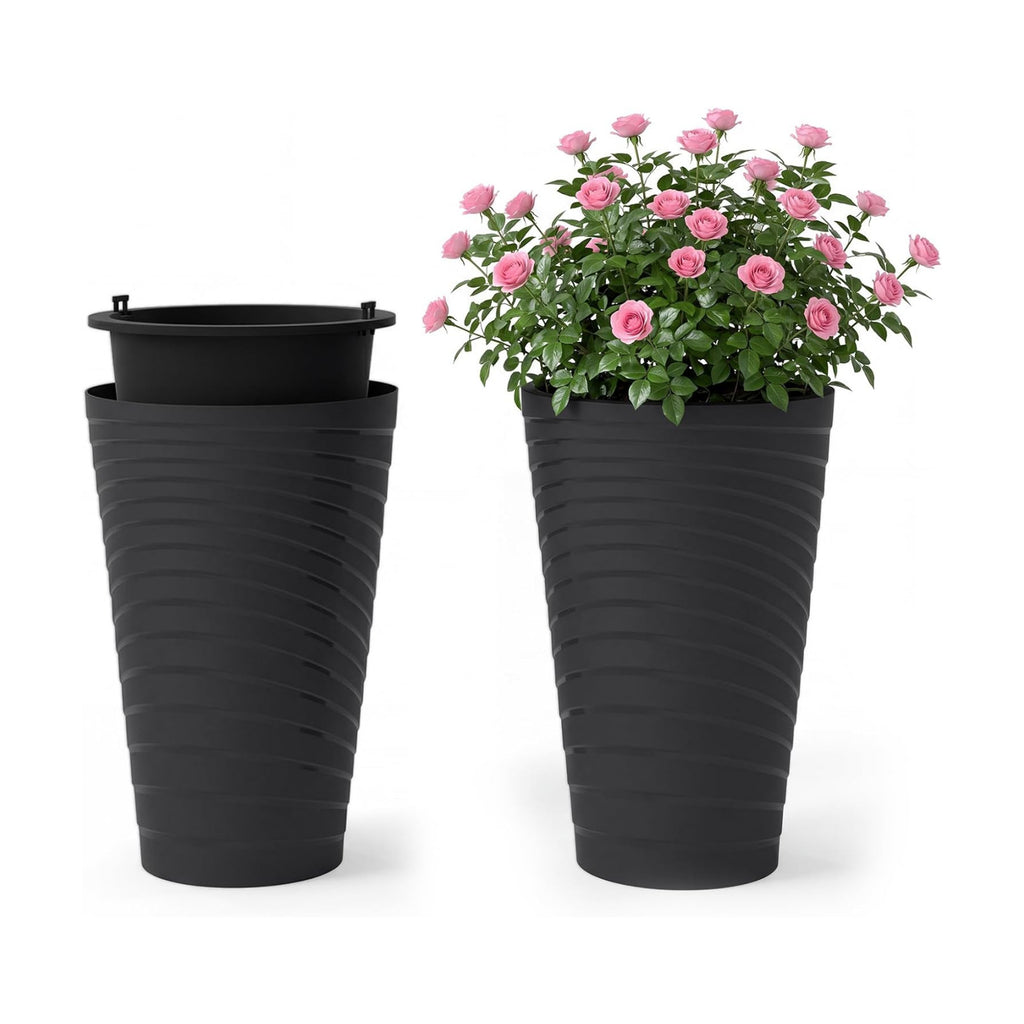 GIANTEX 18" Tall Flower Pot Set 2, Modern Decorative Planter Pots, Black | Insert Bucket, Handle, Drainage Holes, Round