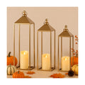 3 Pcs Large Gold Decorative Lanterns with Candles, Metal Candle Lantern