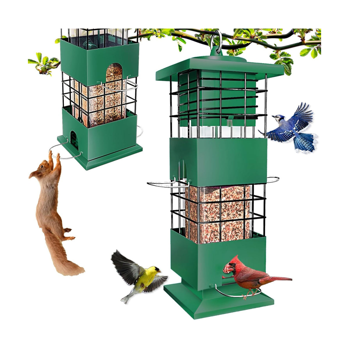 Squirrel Proof Bird Feeder, 3.5Lb Capacity Metal Bird Feeders for Outdoors Hanging, All-Weather Weight Activated Tube BirdFeeder with 4 Ports for Outside,Pigeon Resistant,Easy to Clean & Refill(Green)