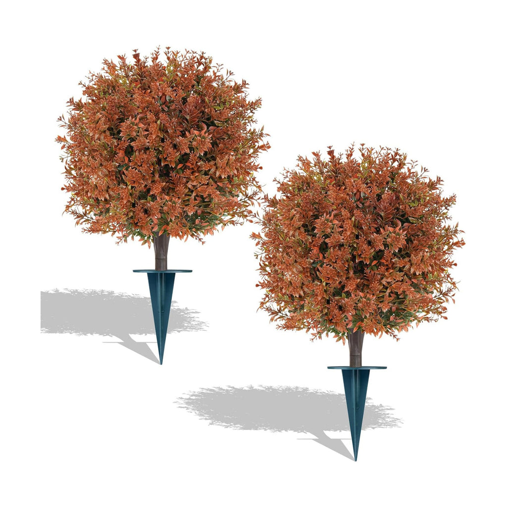 2Pack Artificial Fall Lavender Topiary Ball Trees,UV Resistant | Fake Bushes Shrubs with Ground Spike, Autumn Faux