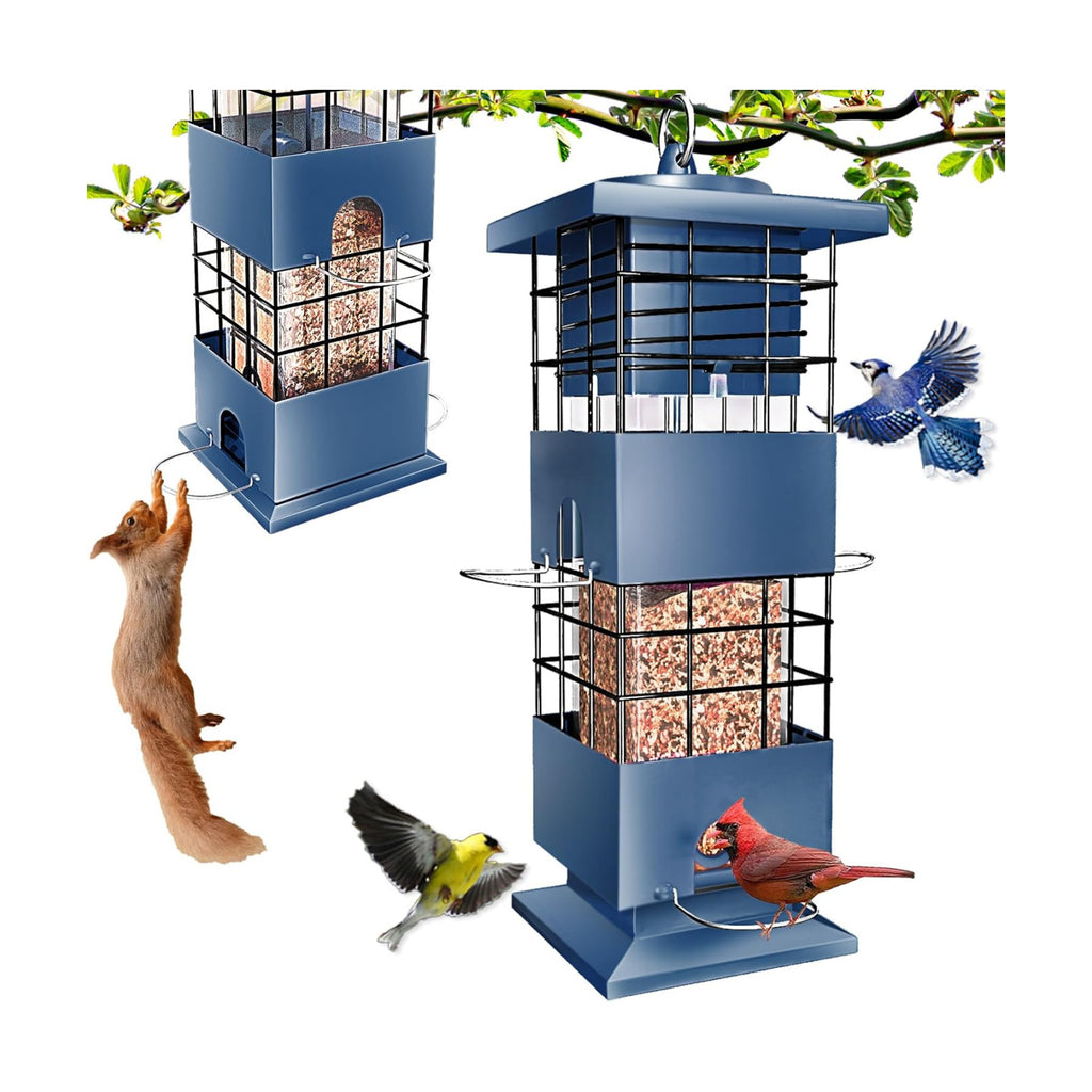 Squirrel Proof Bird Feeder, 3.5Lbs Metal Wild Bird Feeders Anti Squirrel with 4 Feeding Ports for Garden Bird Feeding Station Outdoors Hanging, Pigeon Resistant, Easy to Clean & Refill （Blue）