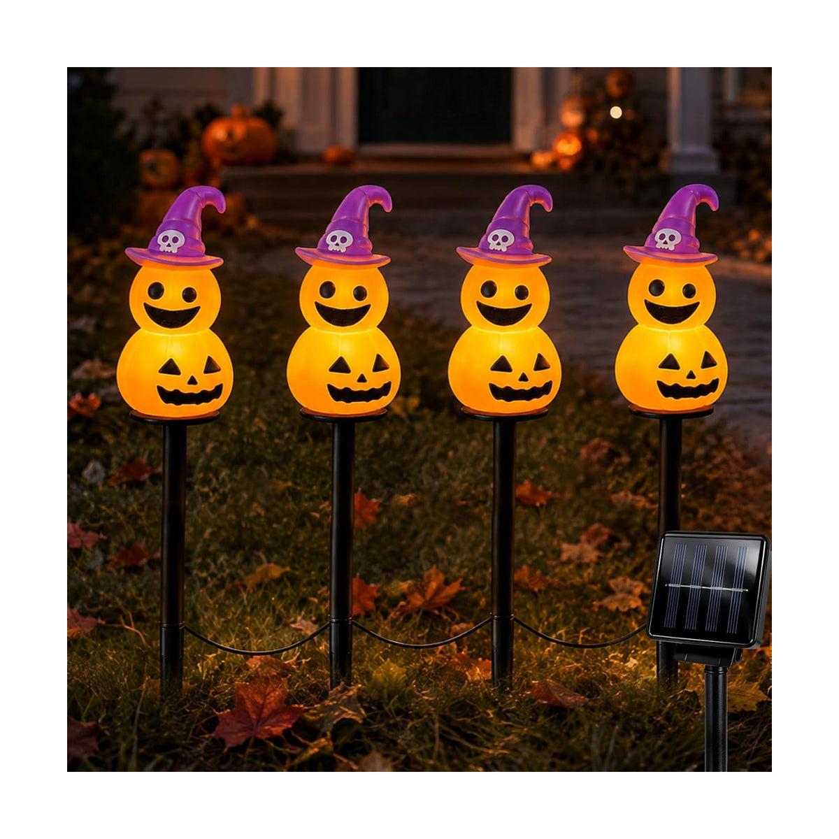 Halloween Decorations Solar Garden Lights, 4pcs Magic Hat Pumpkin Path Lights with 8 Lighting Modes, Waterproof Yard Light, LED Santa Claus Gift for Yard Path Decor (Orange - Pumpkin)