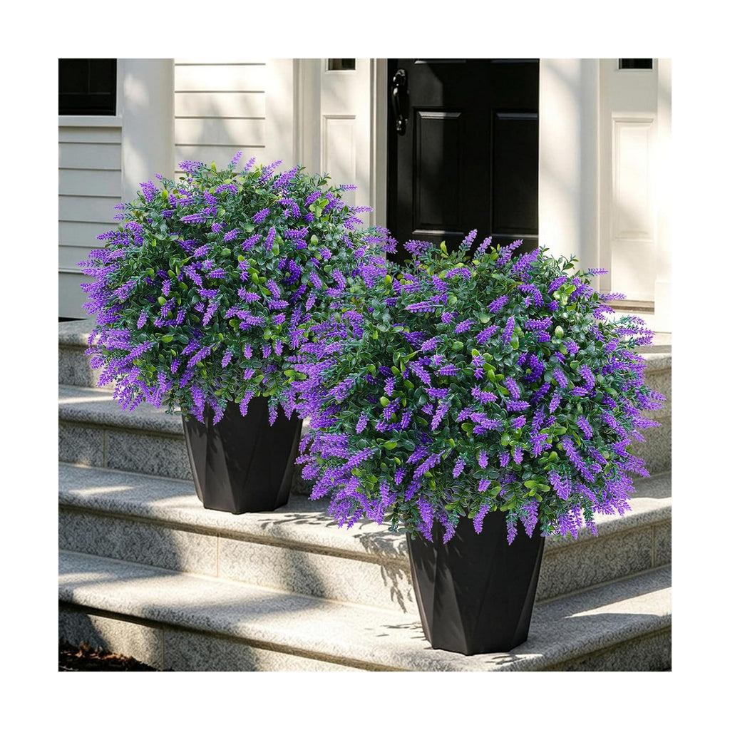 Artificial Lavender Boxwood Topiary Ball Trees Set of 2 Fake Shrubs Bushes | UV Resistant indoor outdoor faux evergreen
