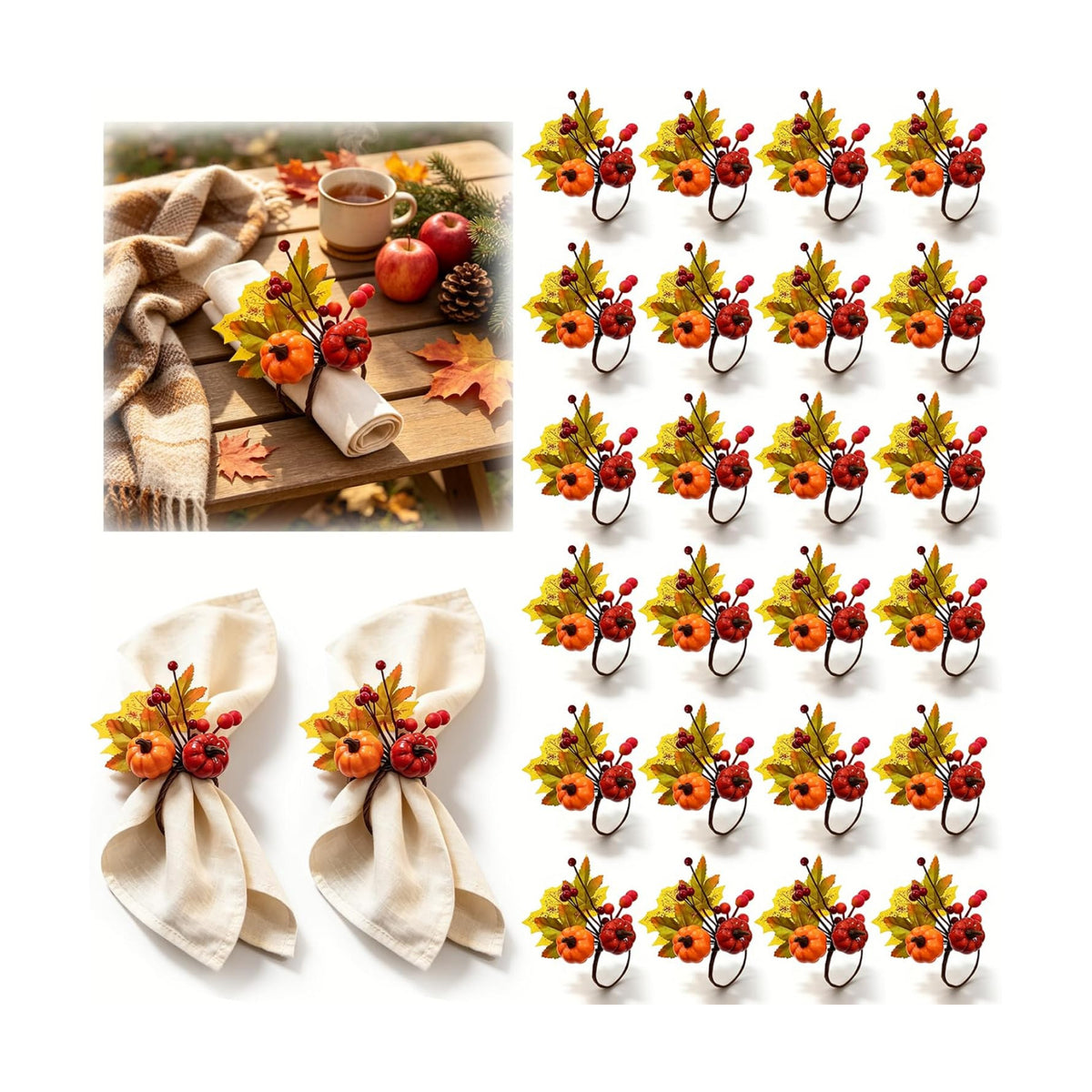 12 PCS Fall Napkin Rings Thanksgiving Napkin Rings Fall Napkin Holder Buckles with Maple Leaves Berries Autumn Harvest Table Decor for Dinner Party Banquet Wedding