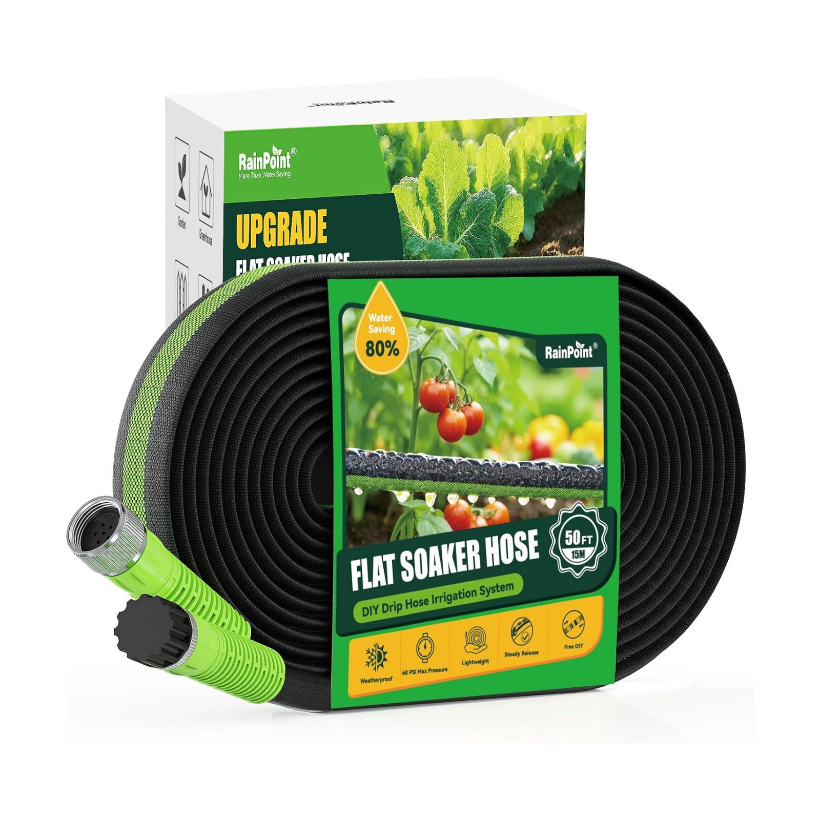 RAINPOINT 50FT Flat Soaker Hose, Heavy-Duty Flexible Drip Hose | Double-Layer 80% Water-Saving Flat Soaker Hose with