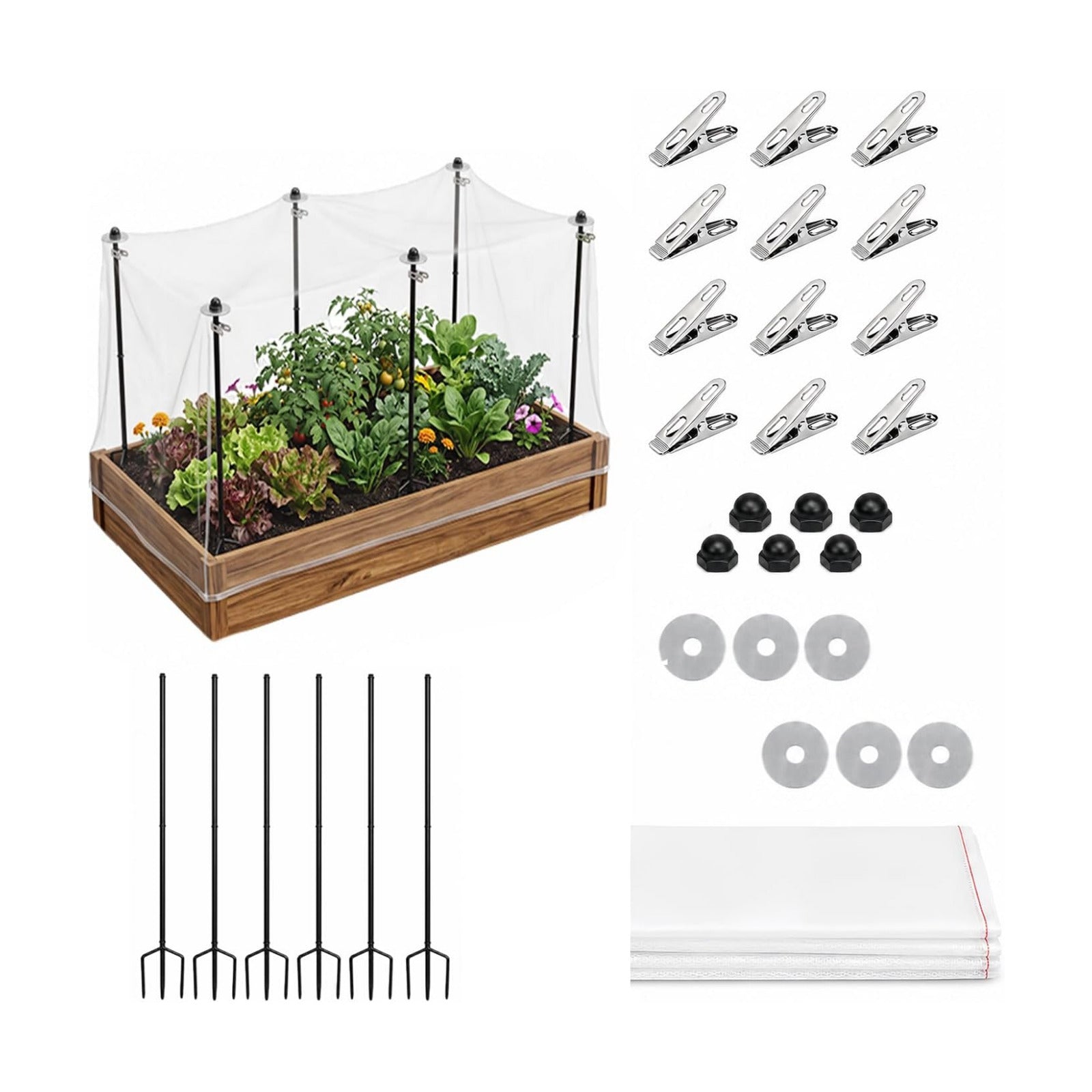 9.8×15FT Garden Netting Covers Kit for Raised Beds, 6 Pack 2.6FT Garden Poles Support Stakes with Pest Barrier Plant