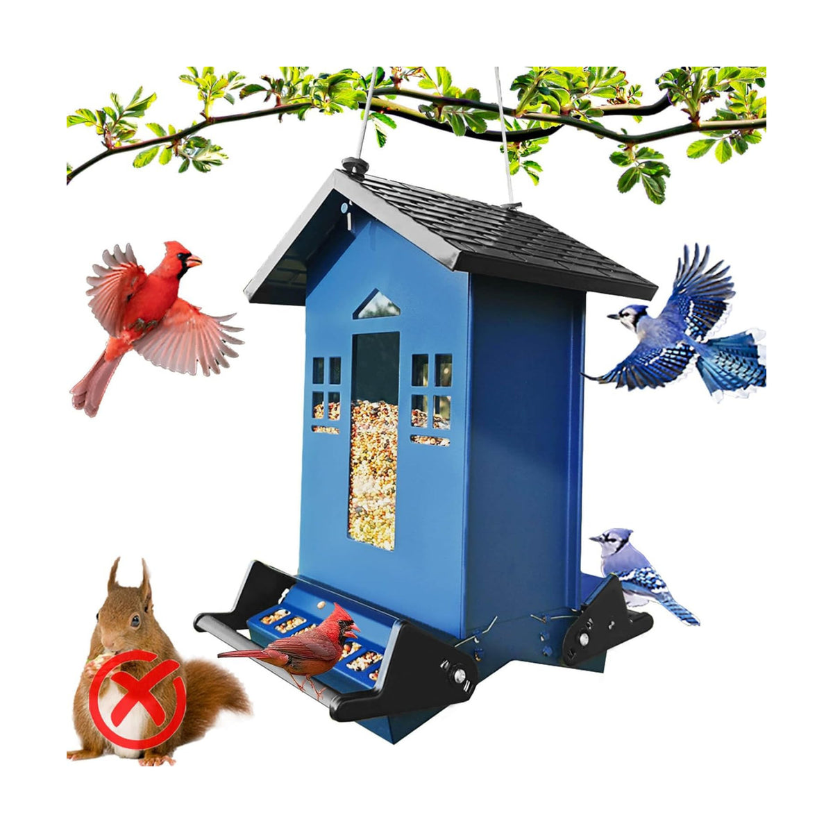 Squirrel Proof Bird Feeders for Outdoors, 6LB Metal Hanging Feeders, Large Wild Feeders for Cardinals, Chickadees, Durable Backyard Feeders（Blue