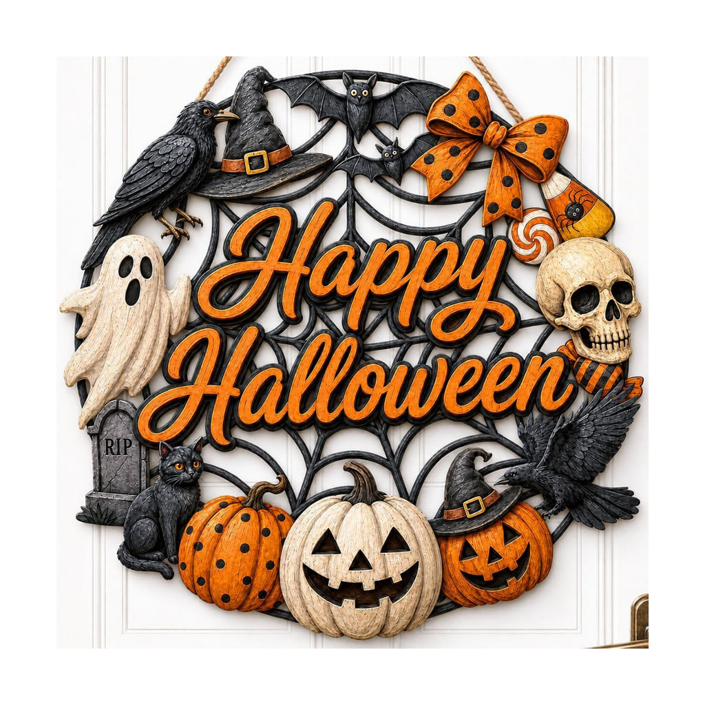 Halloween Wreath for Front Door Wooden Ghost Pumpkin Door Sign Wall Decor