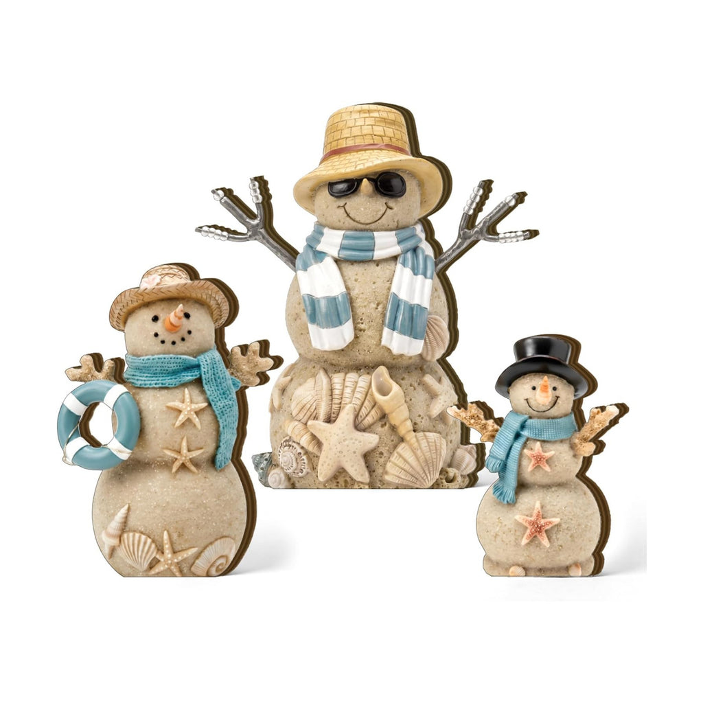 Suzile 3 Pcs Coastal Blue Snowman Wooden Decorations, Winter Decor