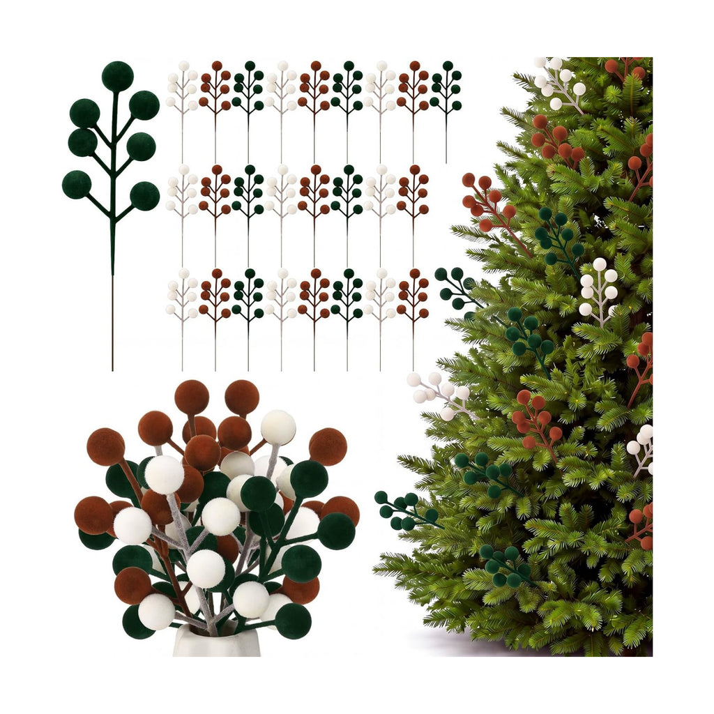 48 Pcs Brown Green Beige 6.5 Inch Christmas Holly Berry Stems